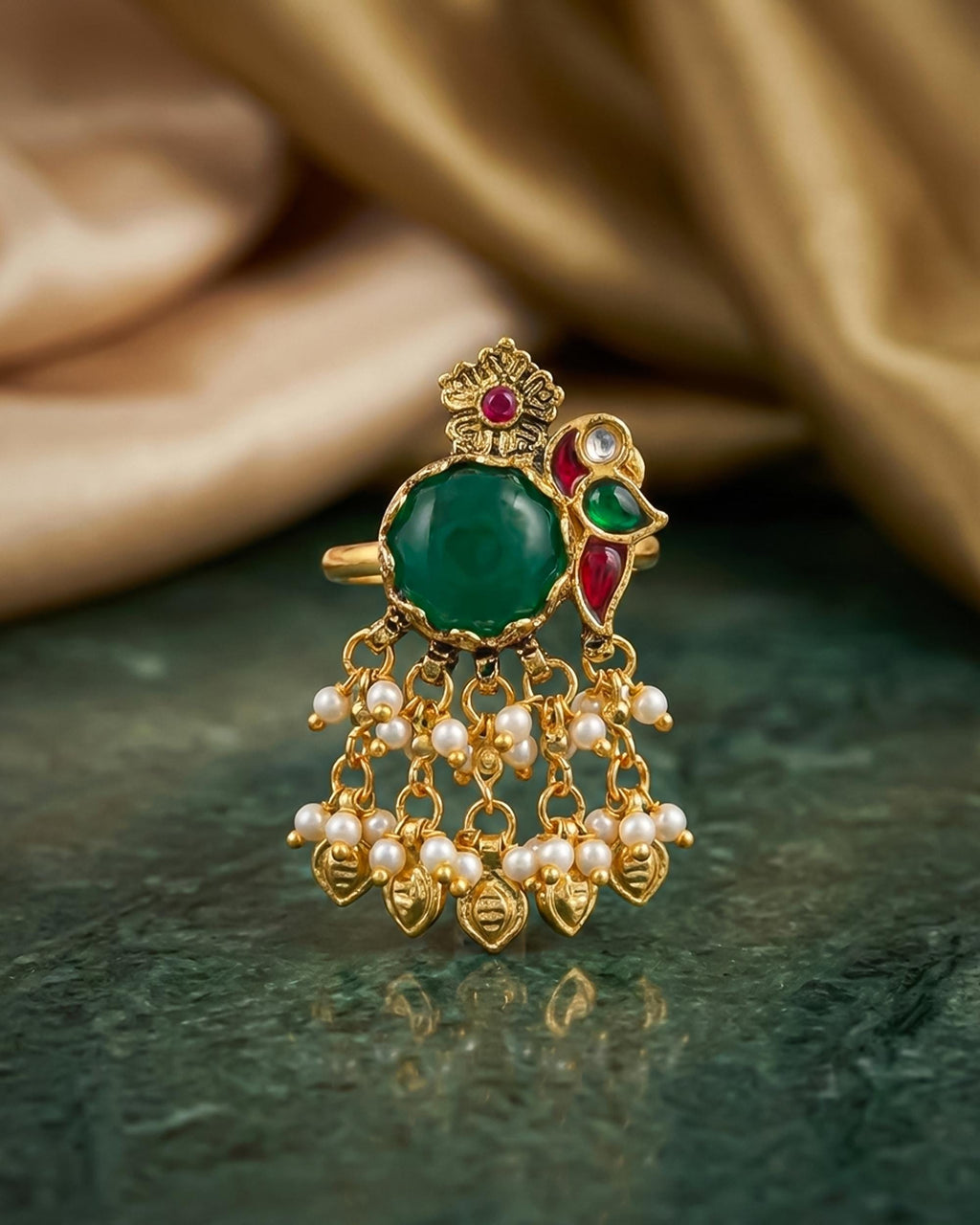 Antique ring Antique Green Stone Statement Ring with Pearl Latkan | Ethnic Gold Tone Bridal Jewelry