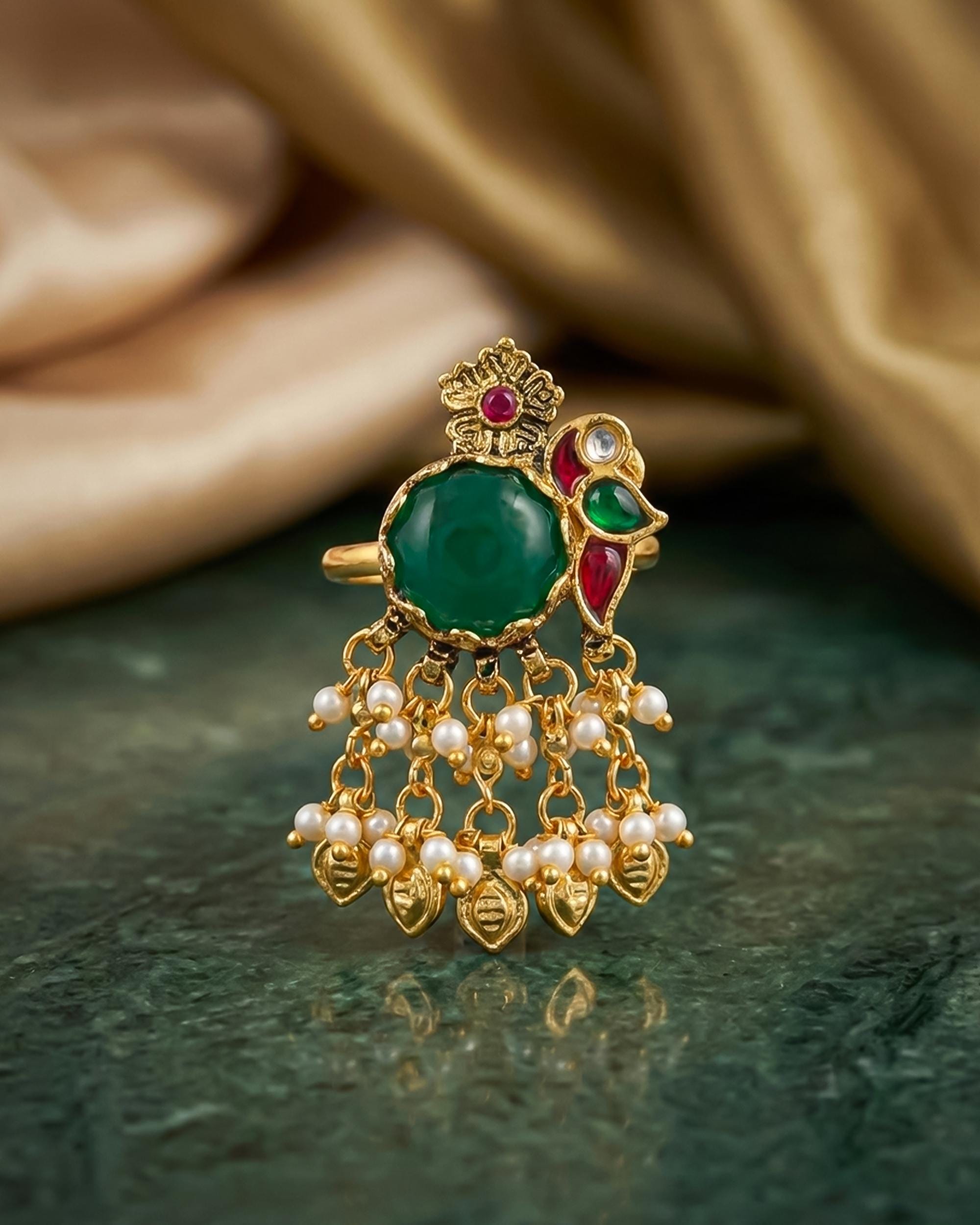 Antique ring Antique Green Stone Statement Ring with Pearl Latkan | Ethnic Gold Tone Bridal Jewelry