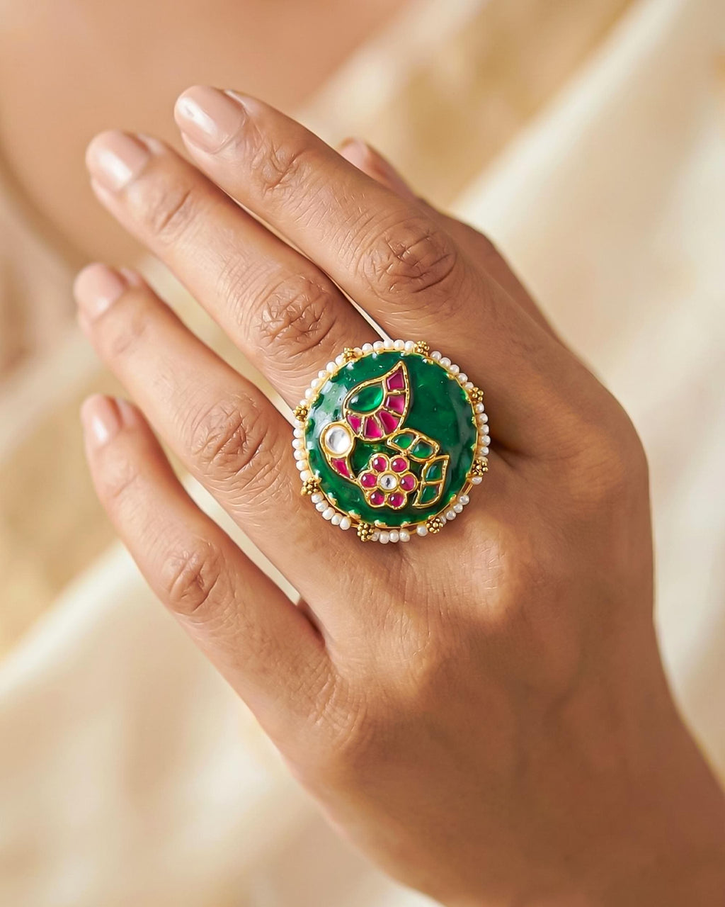 Green Meenakari Statement Ring with Pearl Border, Oversized Kundan Ethnic Bridal Jewelry