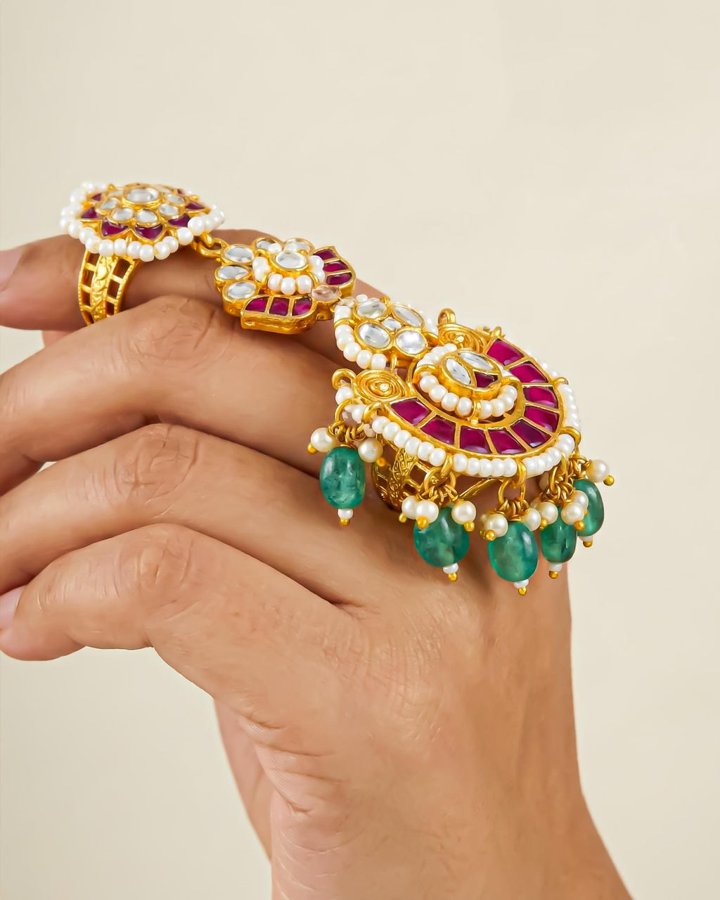 Royal Kundan Hathphool Ring with Green Bead Drops | Gold Tone Bridal Hand Jewelry