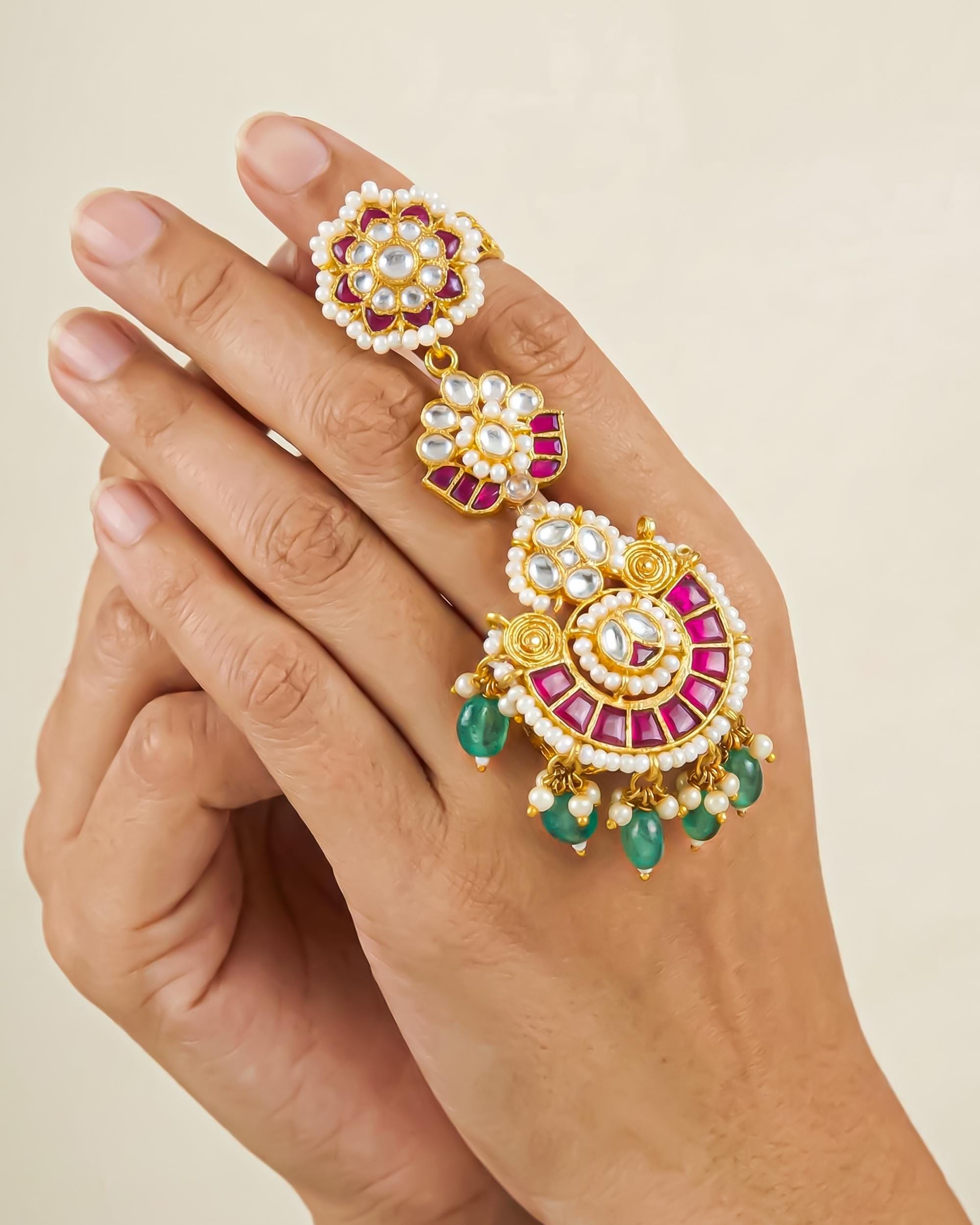 Royal Kundan Hathphool Ring with Green Bead Drops | Gold Tone Bridal Hand Jewelry