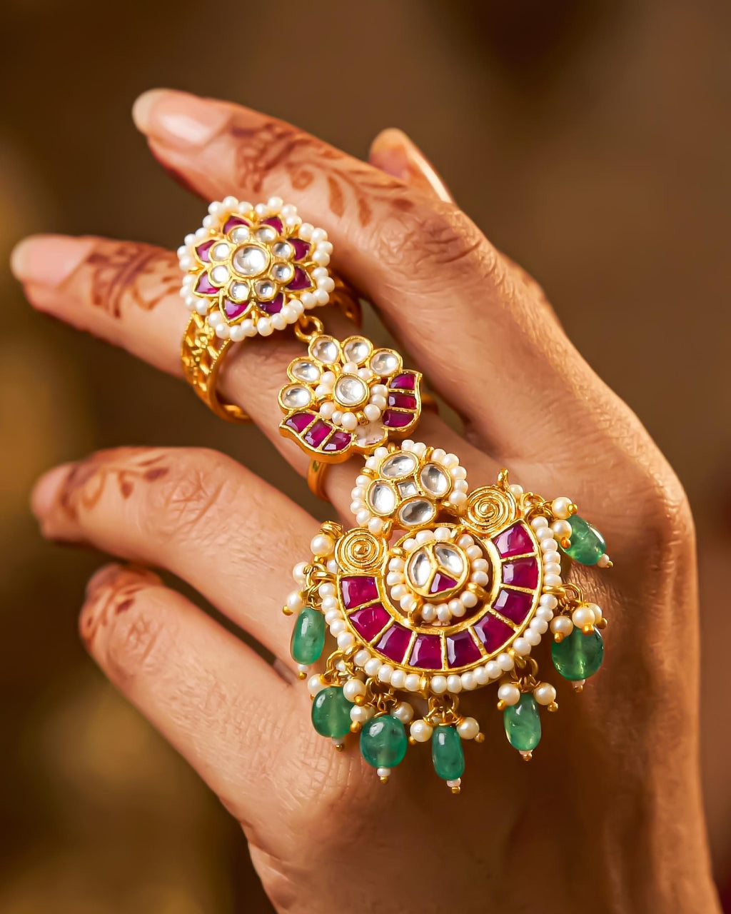 Royal Kundan Hathphool Ring with Green Bead Drops | Gold Tone Bridal Hand Jewelry