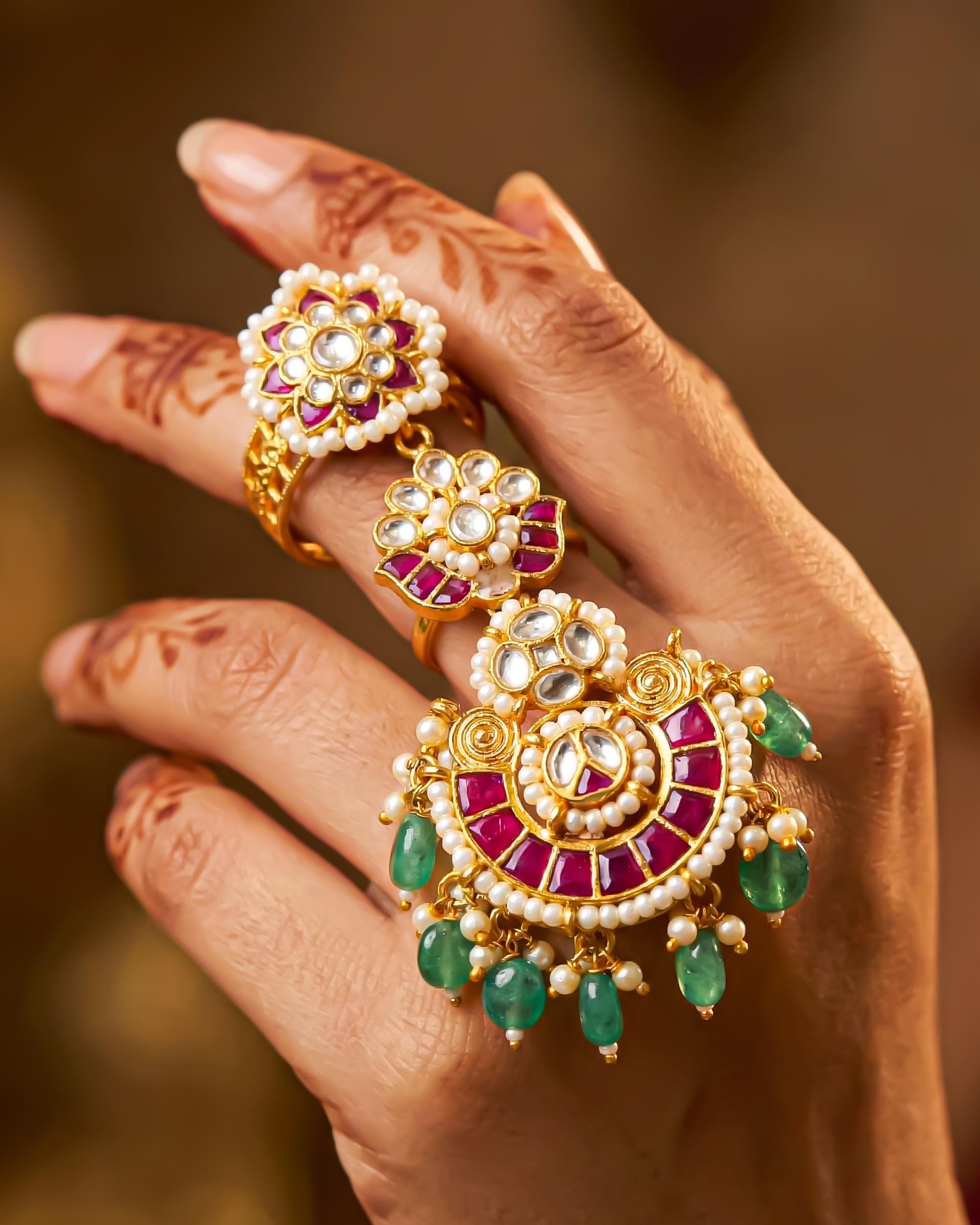 Royal Kundan Hathphool Ring with Green Bead Drops | Gold Tone Bridal Hand Jewelry