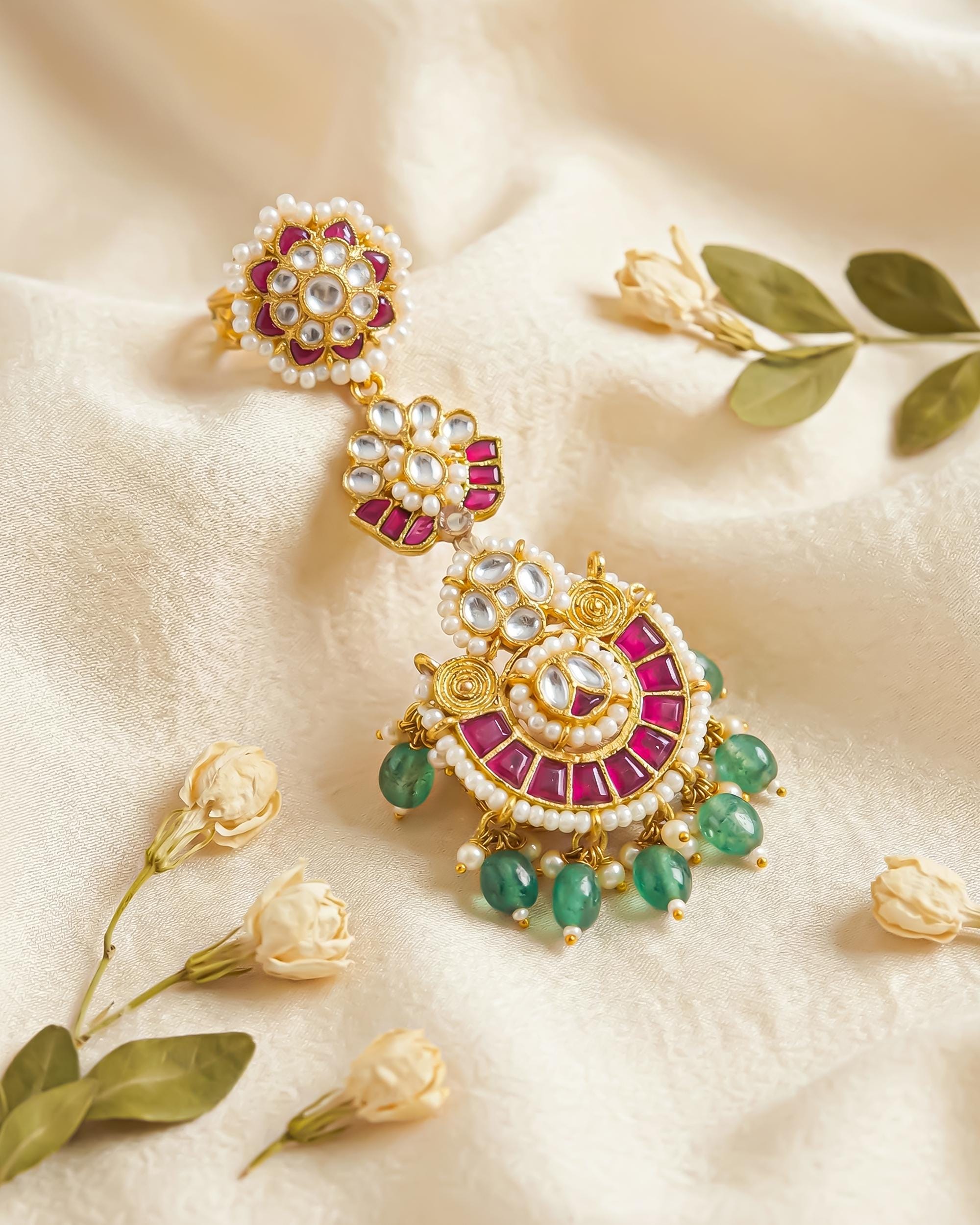 Royal Kundan Hathphool Ring with Green Bead Drops | Gold Tone Bridal Hand Jewelry