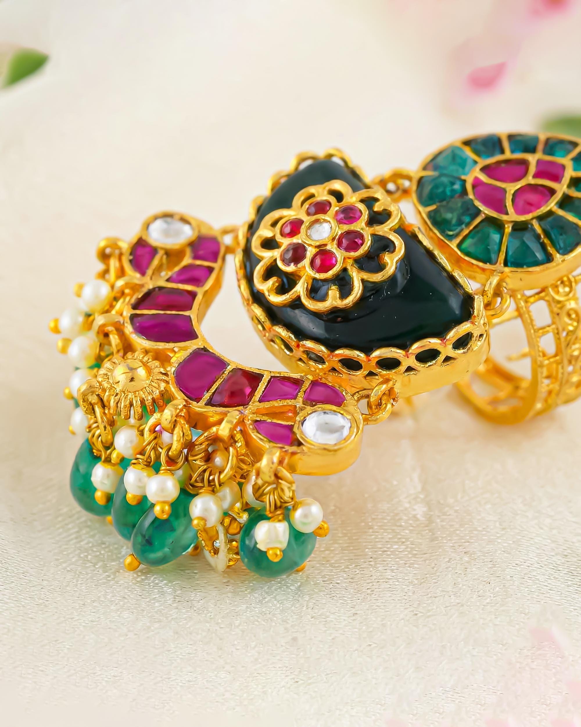 Meenakari Kundan Ring with Green Pearl Latkan | Gold Polki Statement Adjustable Ethnic Bridal Jewelry