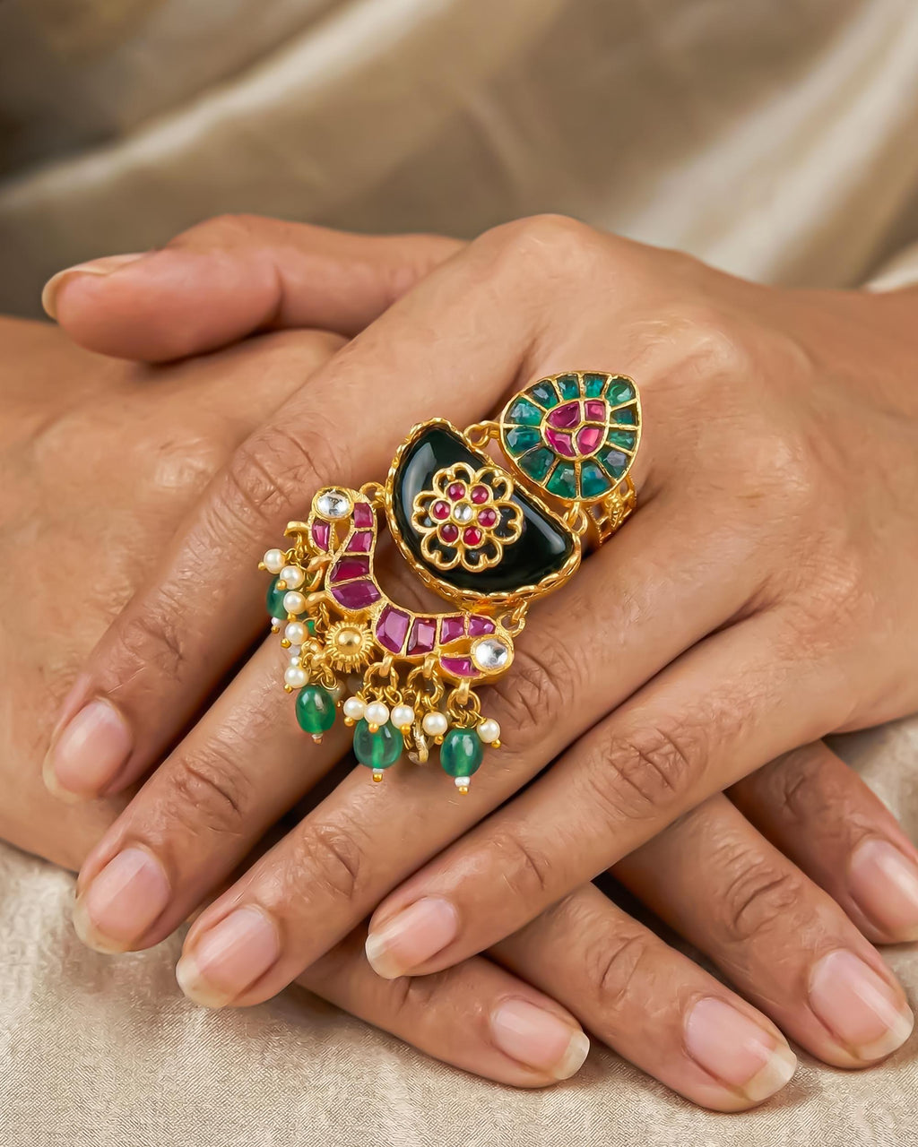 Meenakari Kundan Ring with Green Pearl Latkan | Gold Polki Statement Adjustable Ethnic Bridal Jewelry