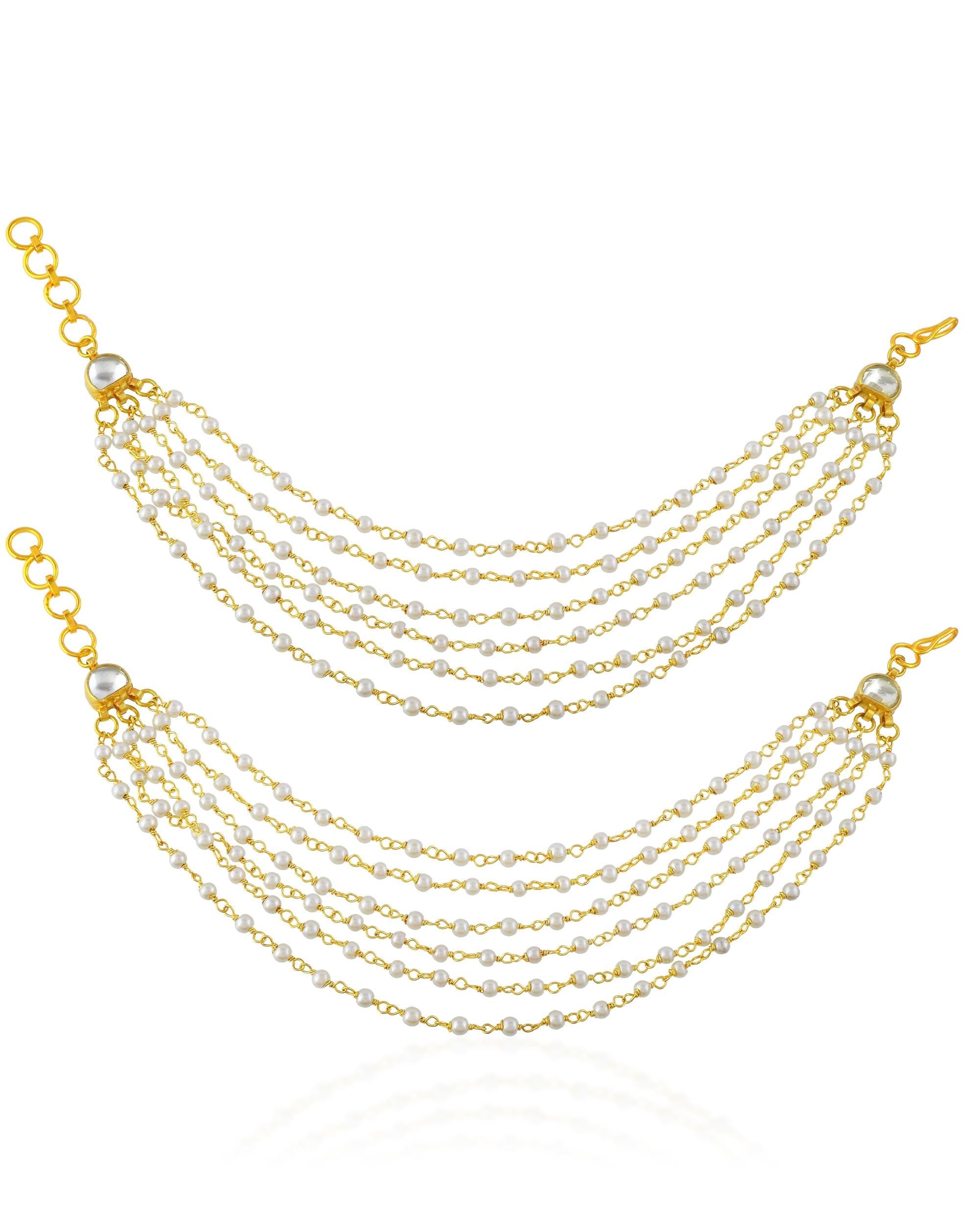 bridal ear chain Multi Layer Pearl Kaanchain, Traditional Indian Earring Support Chains, Kundan Moti Sahare Hair Jewelry,