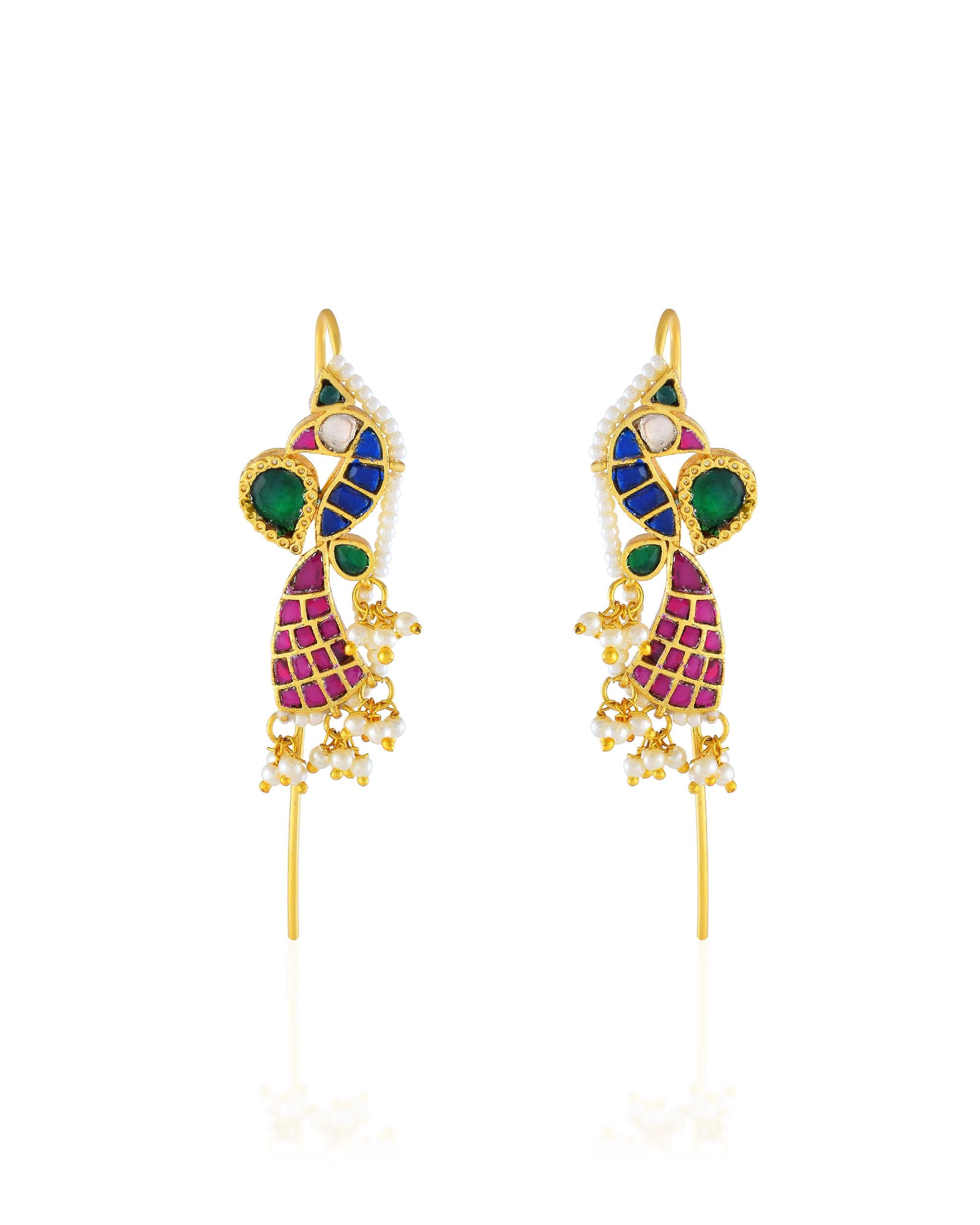 Traditional Meenakari Peacock Ear cuff | Handcrafted Jadau-Style Ear Crawlers