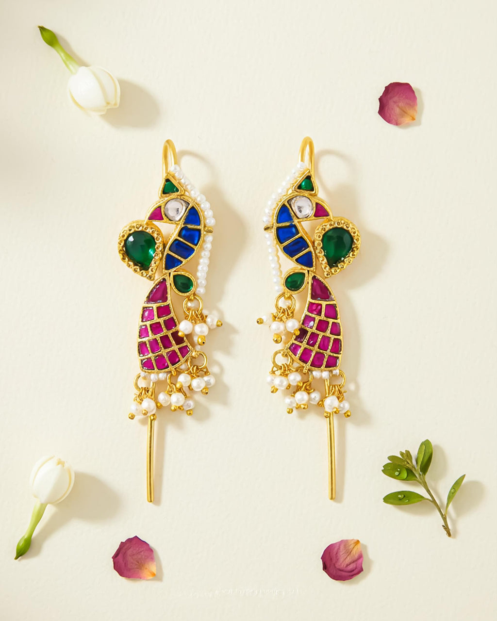 Traditional Meenakari Peacock Ear cuff | Handcrafted Jadau-Style Ear Crawlers