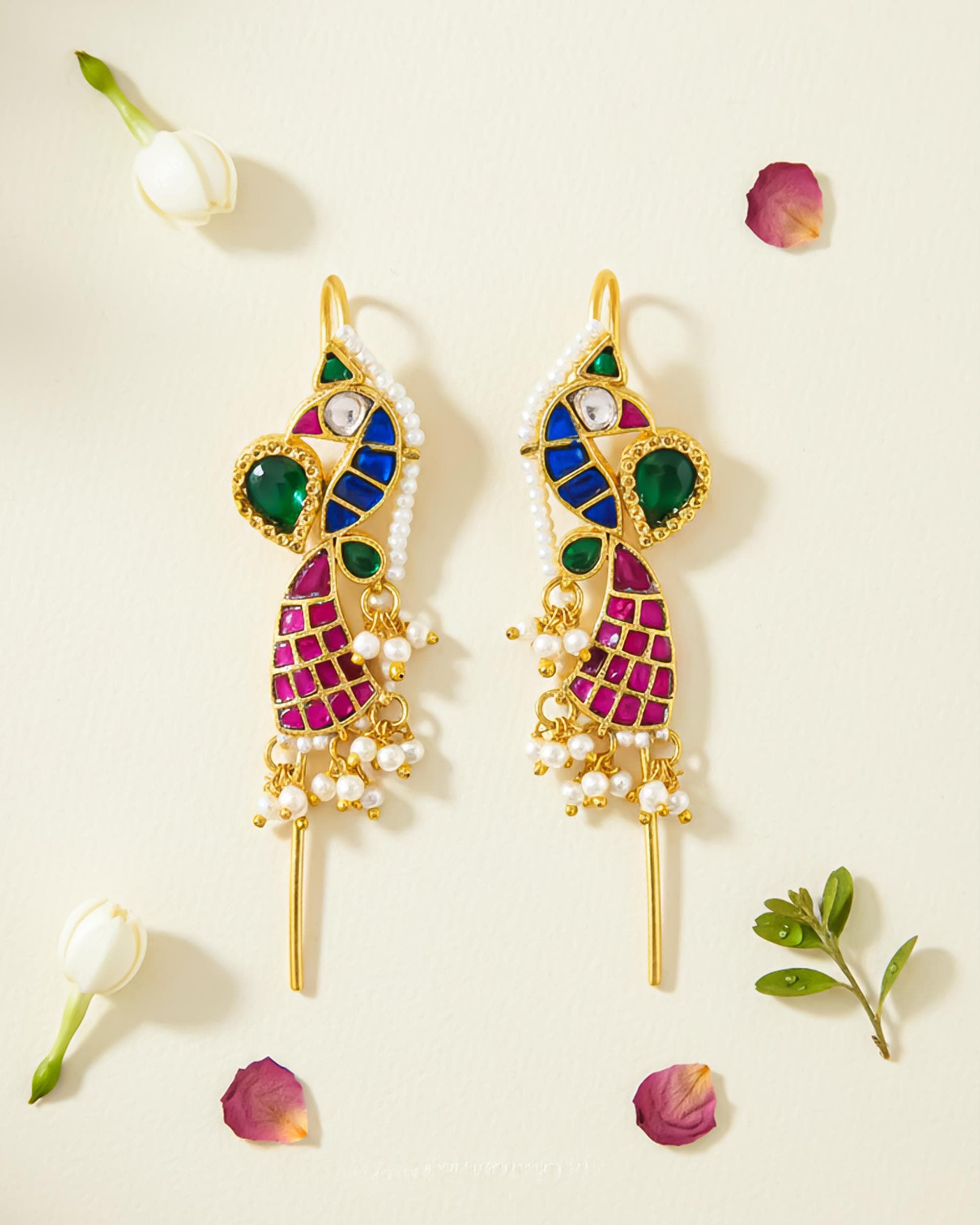 Traditional Meenakari Peacock Ear cuff | Handcrafted Jadau-Style Ear Crawlers