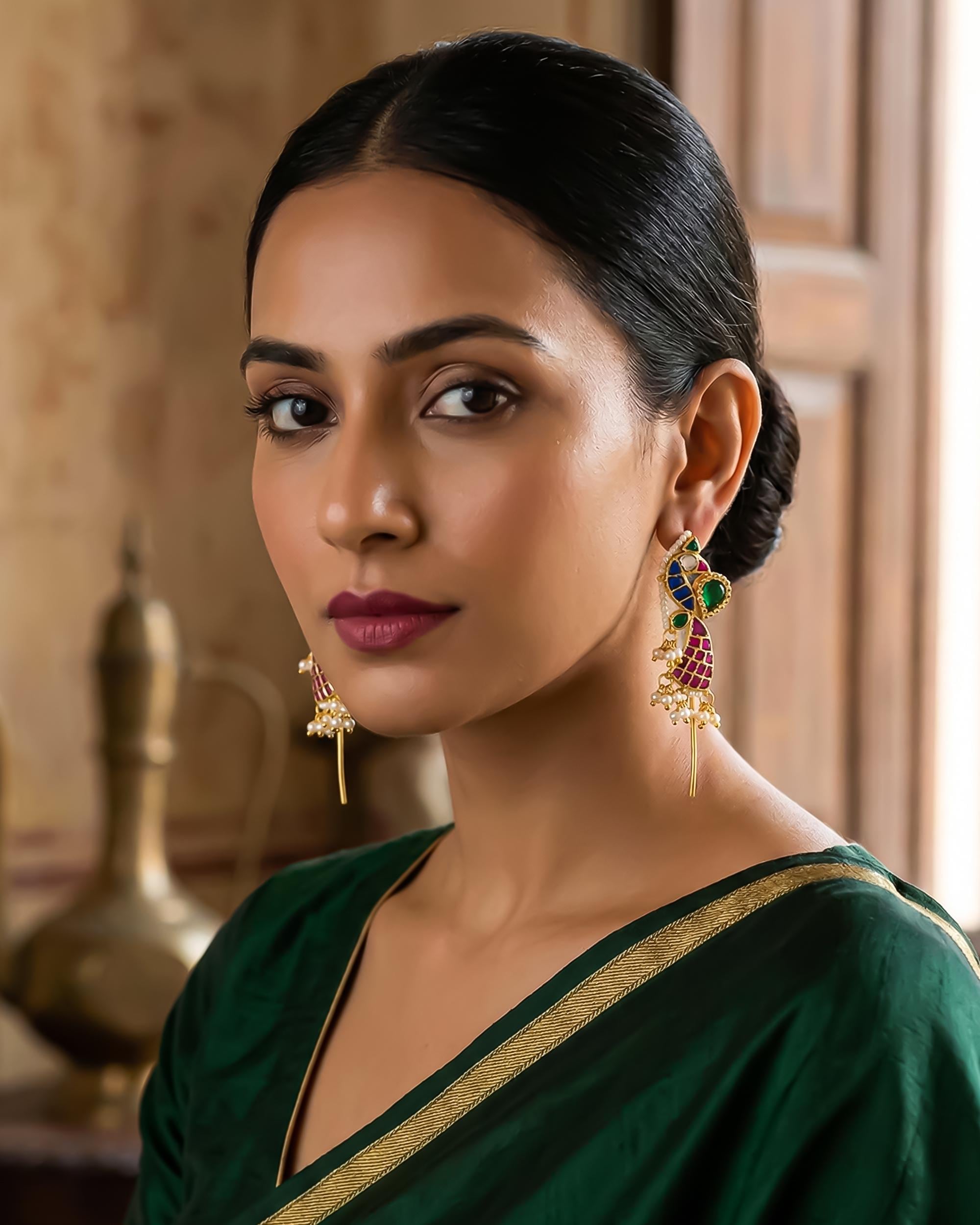 Traditional Meenakari Peacock Ear cuff | Handcrafted Jadau-Style Ear Crawlers