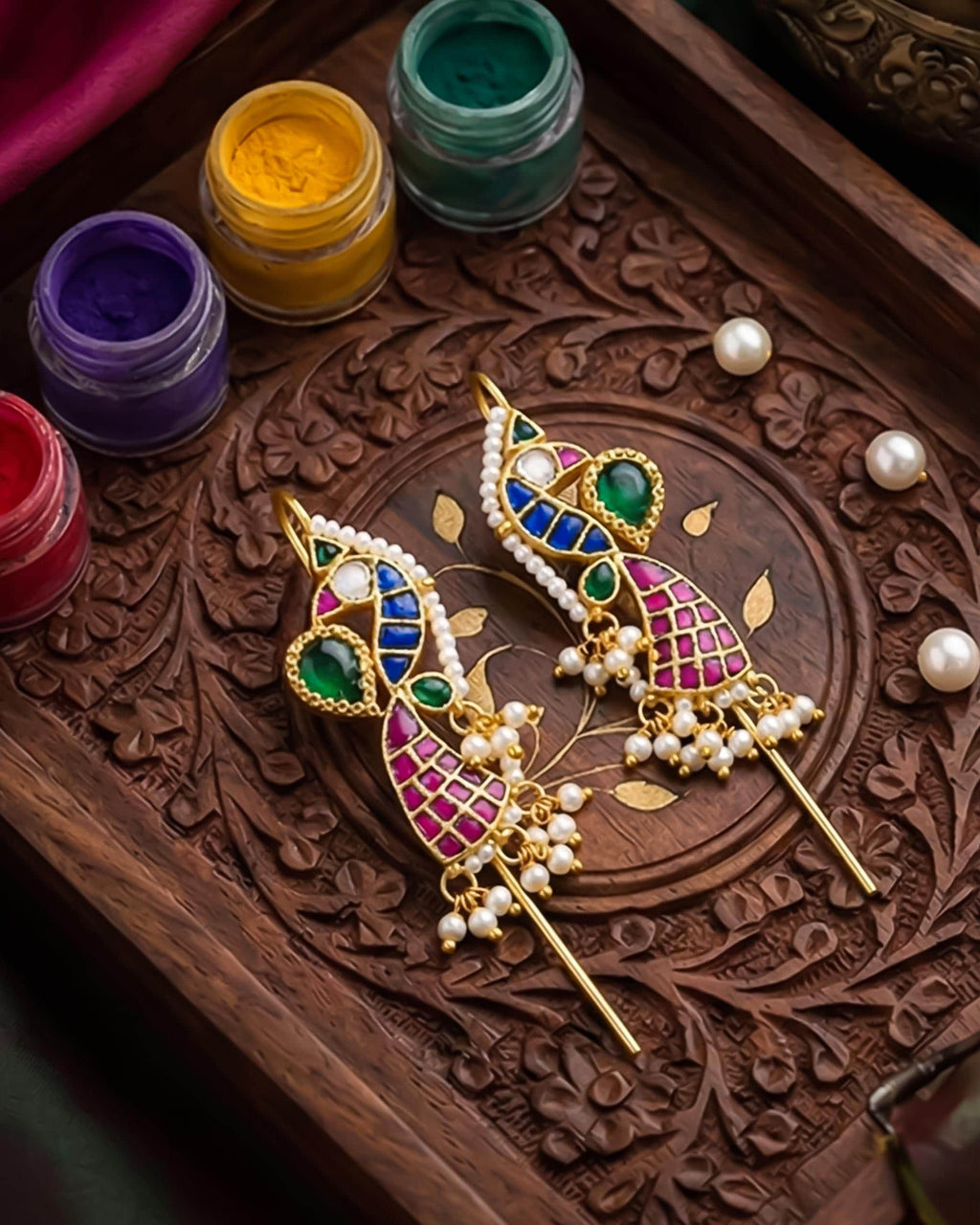 Traditional Meenakari Peacock Ear cuff | Handcrafted Jadau-Style Ear Crawlers