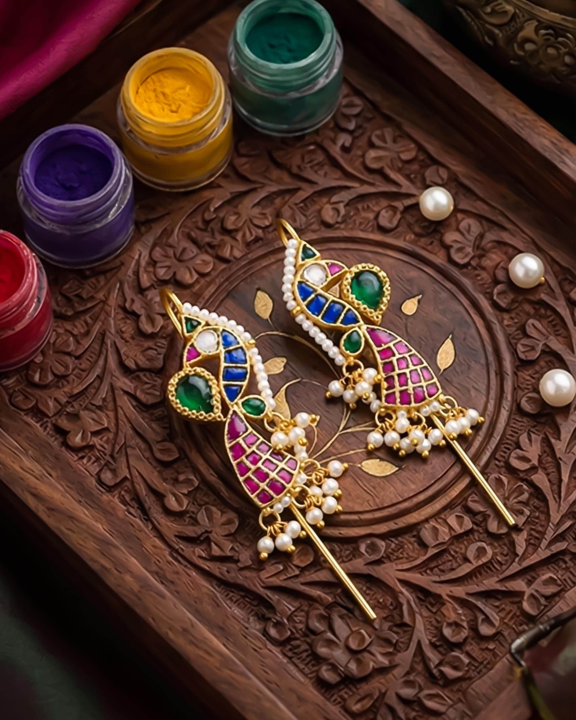 Traditional Meenakari Peacock Ear cuff | Handcrafted Jadau-Style Ear Crawlers