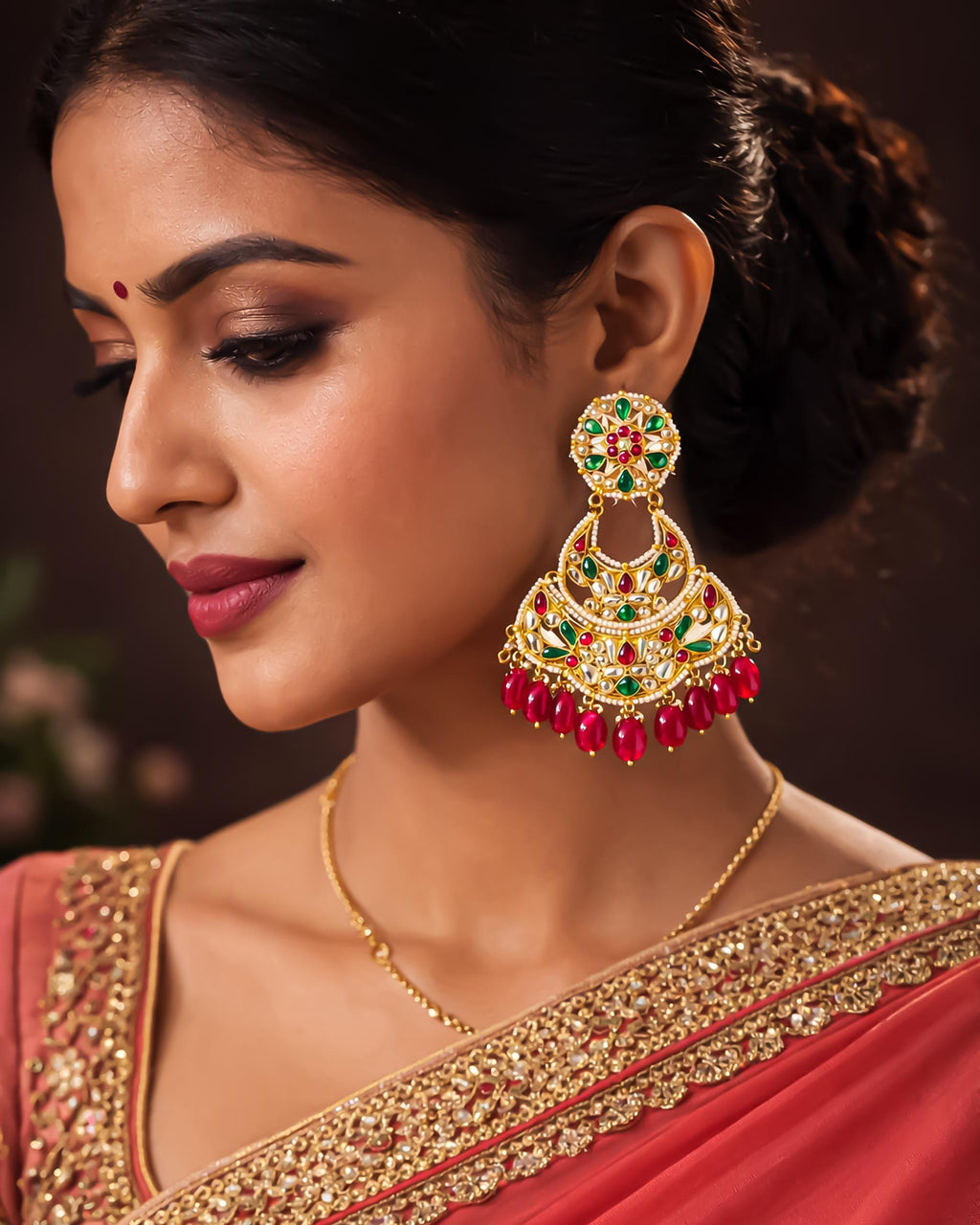 Royal Multi-Tiered Pachi Kundan Chandbali Earrings with Emerald & Pink Bead Drops