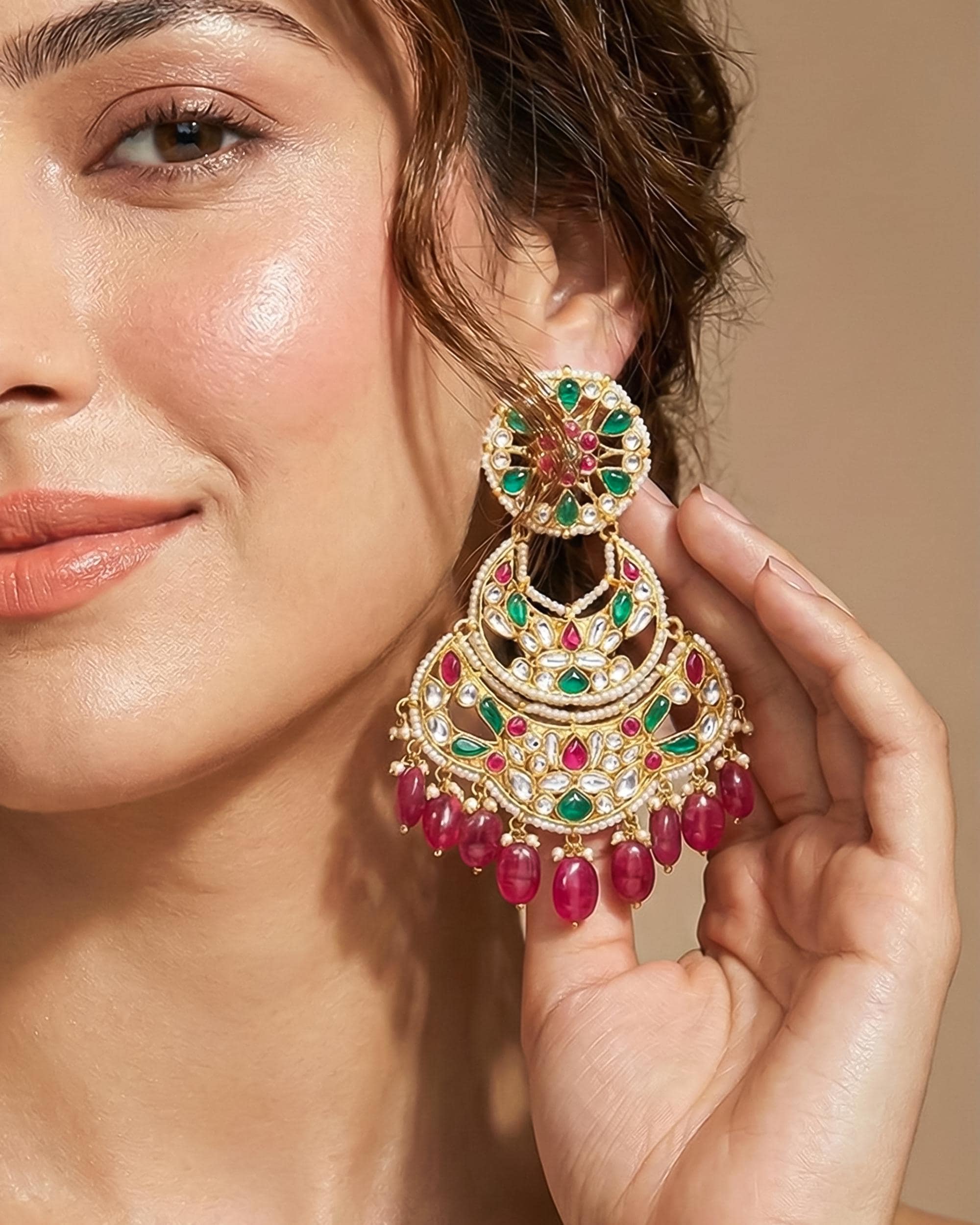 Royal Multi-Tiered Pachi Kundan Chandbali Earrings with Emerald & Pink Bead Drops