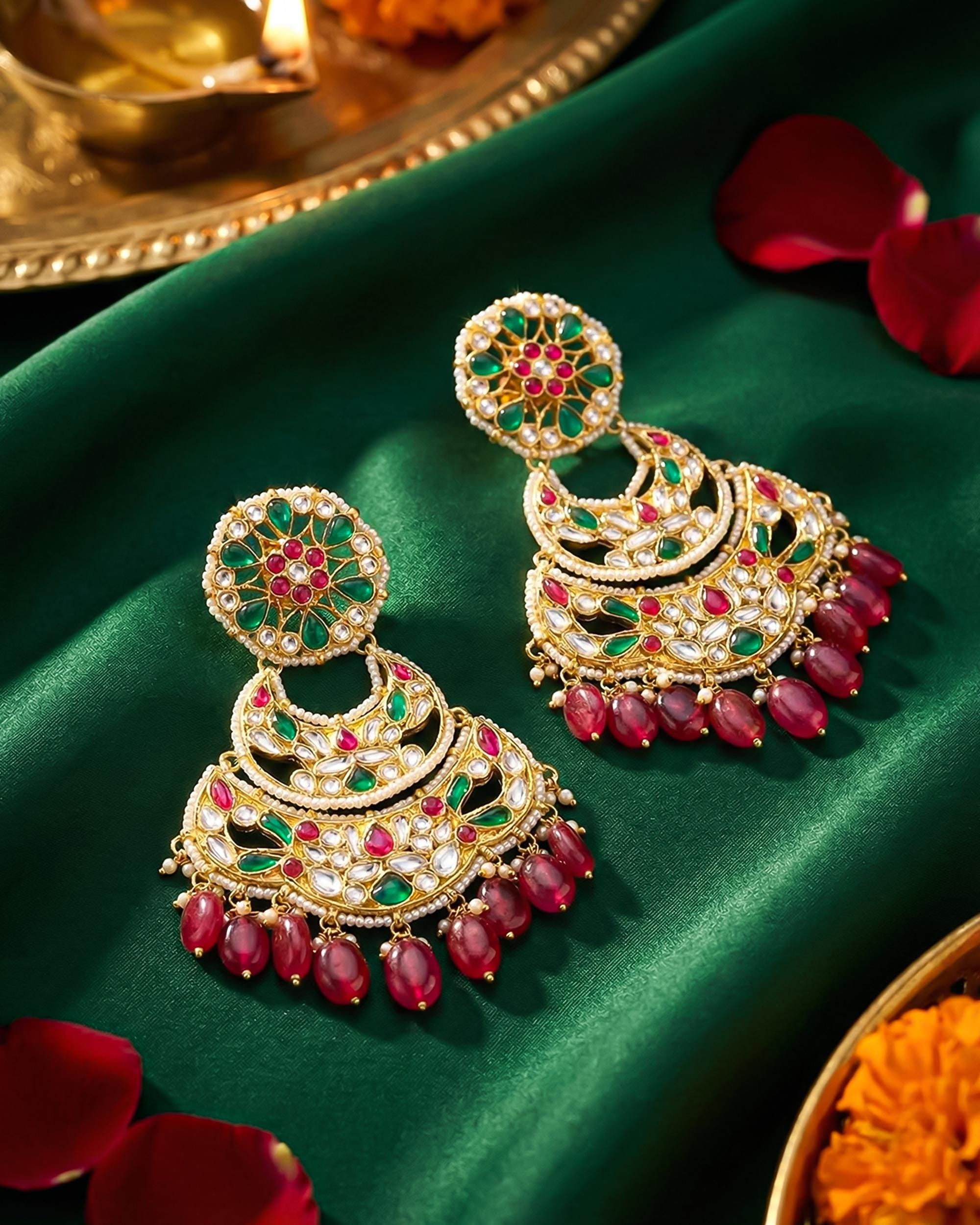 Royal Multi-Tiered Pachi Kundan Chandbali Earrings with Emerald & Pink Bead Drops
