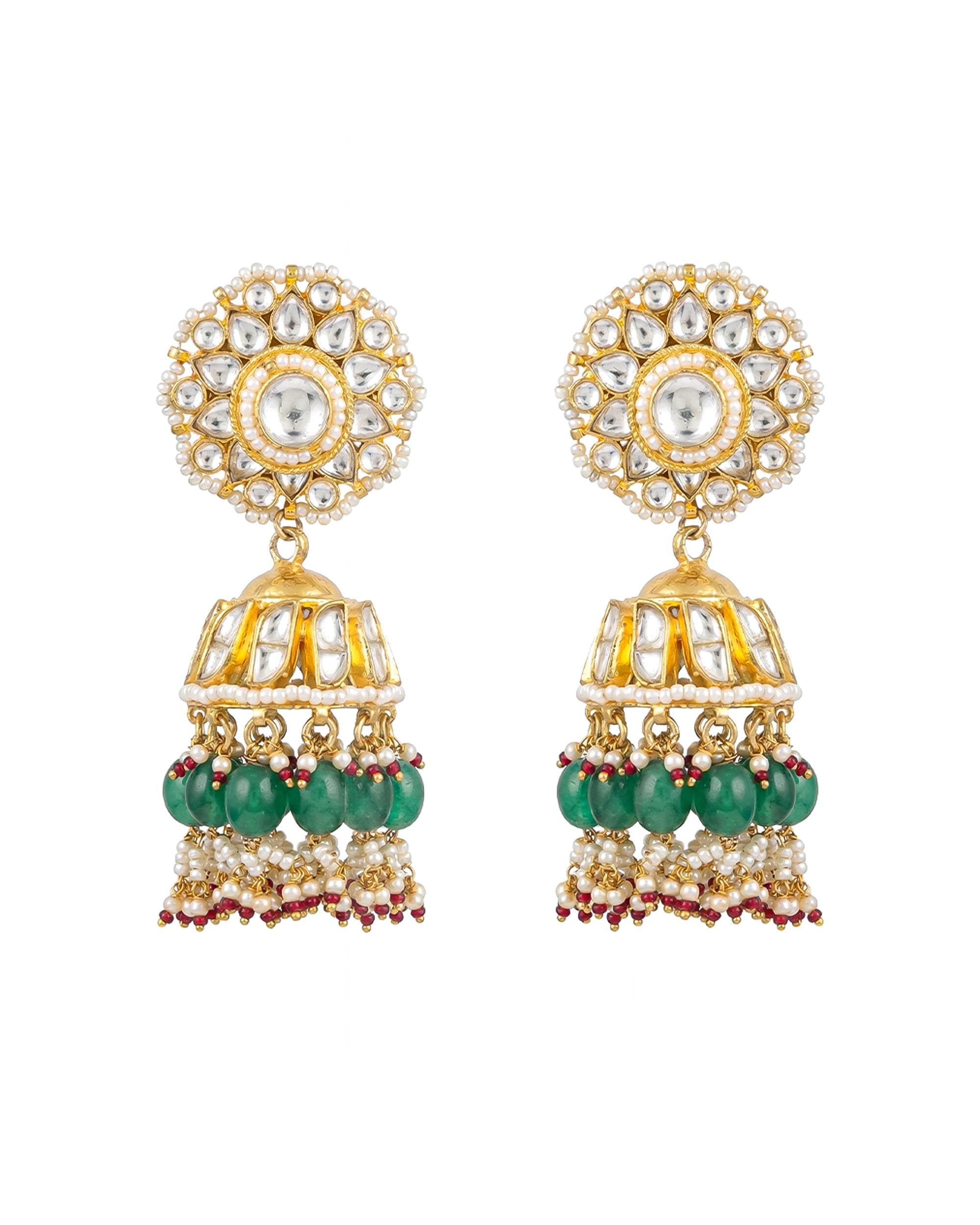 kundan earrings,Heritage Pachi Kundan Jhumka Earrings with Emerald Beads & Fine Pearl Clusters