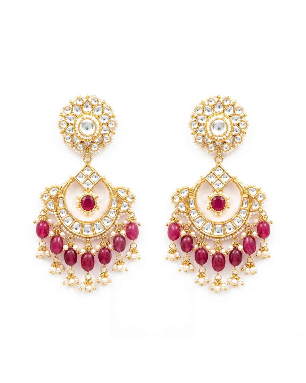 Pachi Kundan Chandbali Earrings with Ruby Accents & Pearl Ghungroos  Bridal Wedding Jewelry