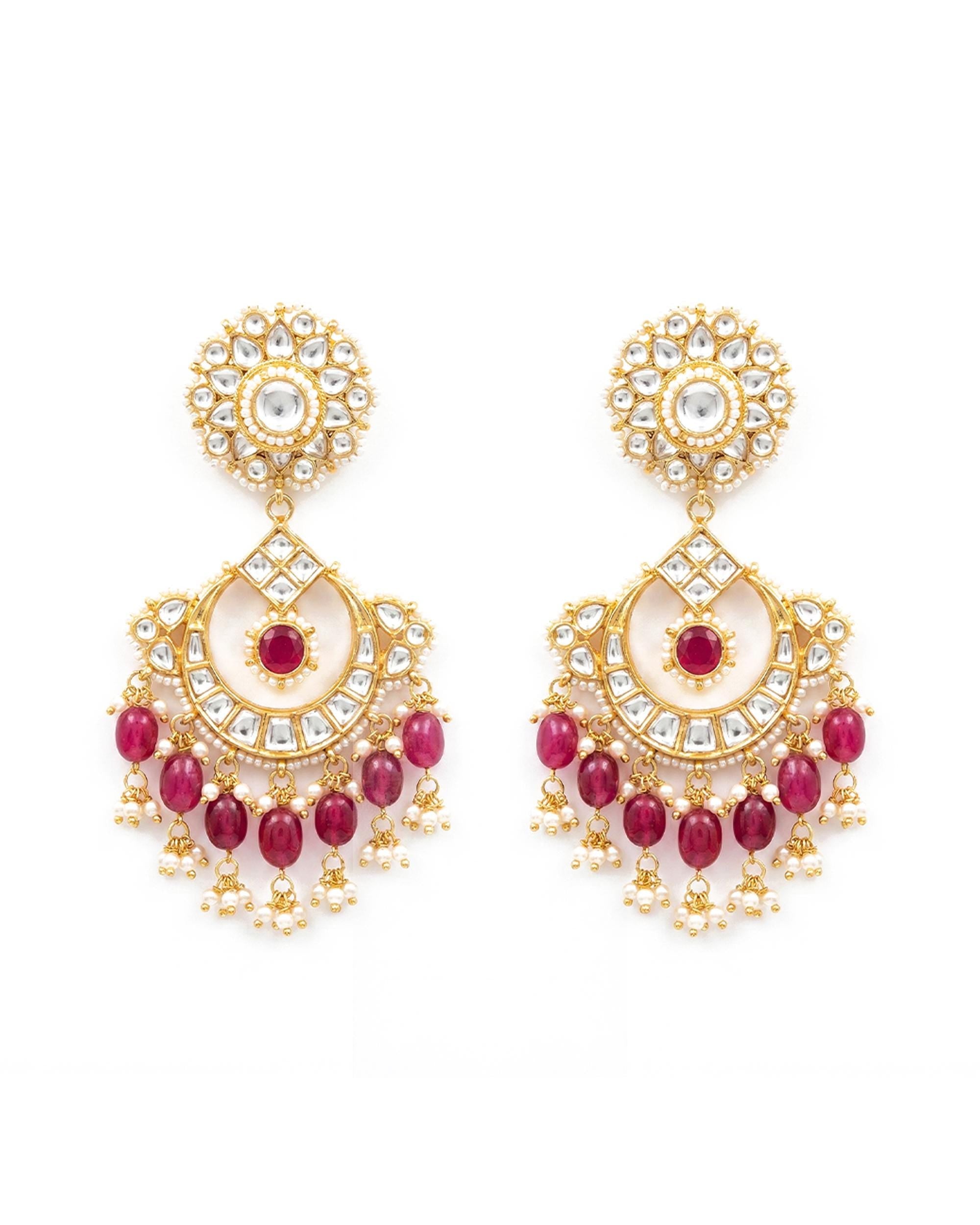 Pachi Kundan Chandbali Earrings with Ruby Accents & Pearl Ghungroos  Bridal Wedding Jewelry