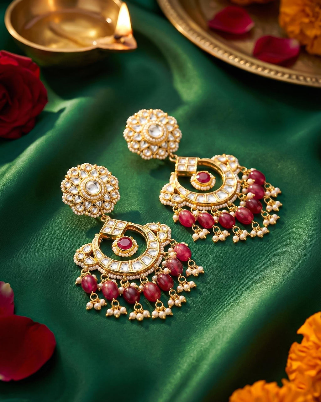 Pachi Kundan Chandbali Earrings with Ruby Accents & Pearl Ghungroos  Bridal Wedding Jewelry