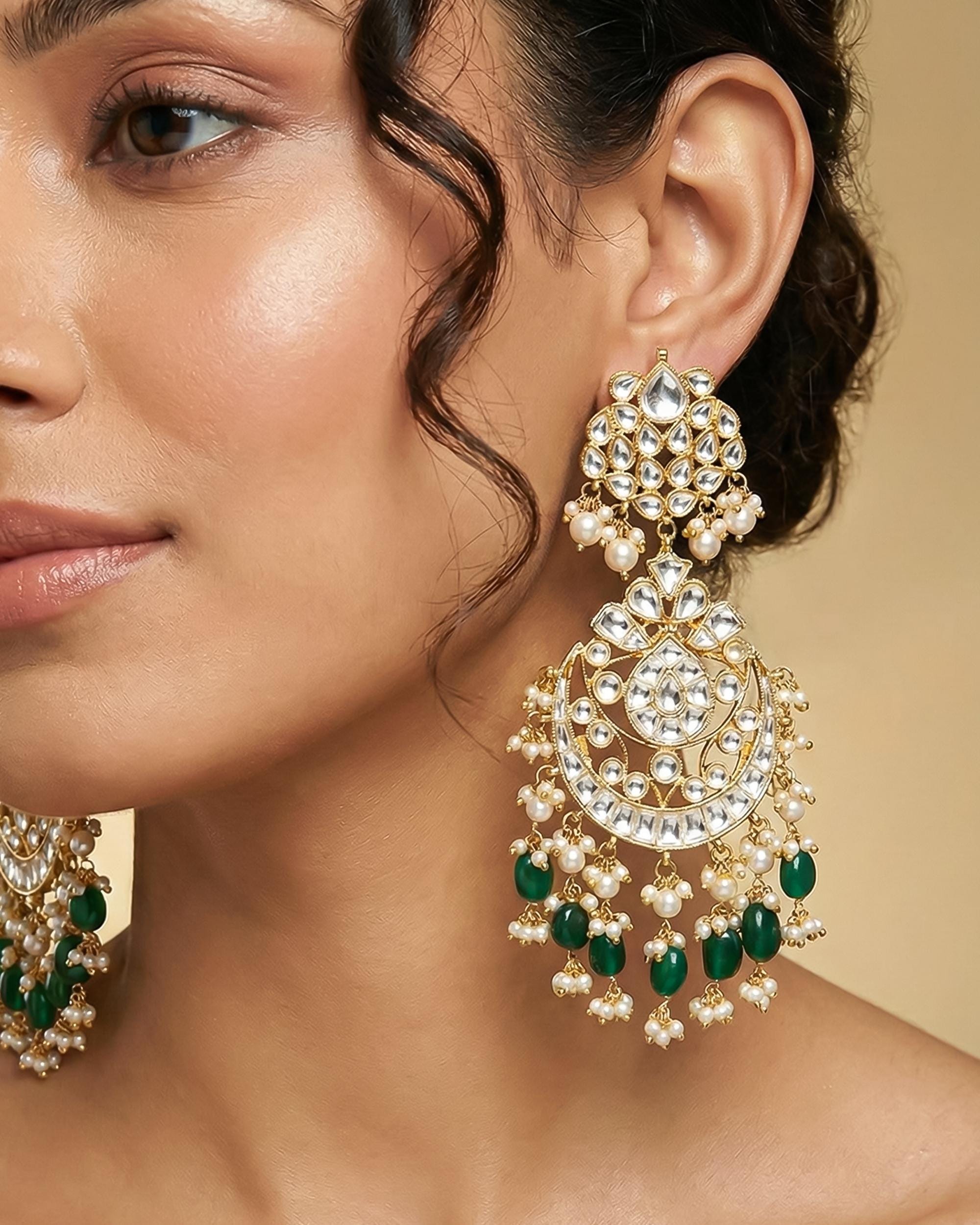 Classic Pachi Kundan Chandbali Earrings with Emerald Beads & Pearls  Heritage Bridal Jewelry