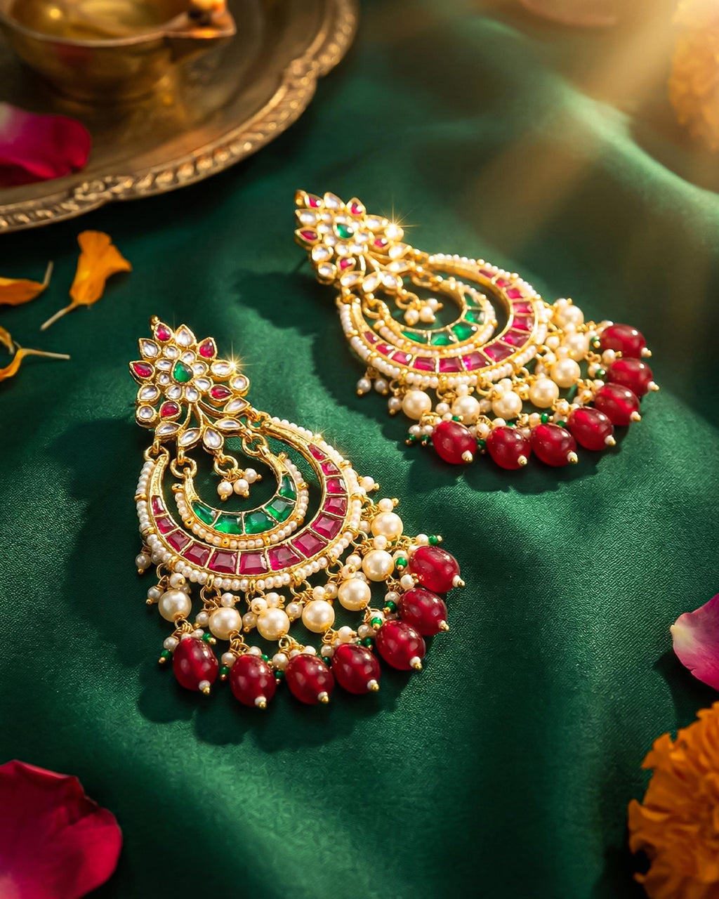 Heritage Kundan Chandbali Earrings with Ruby Emerald Accents  Indian Bridal Saree Jewelry