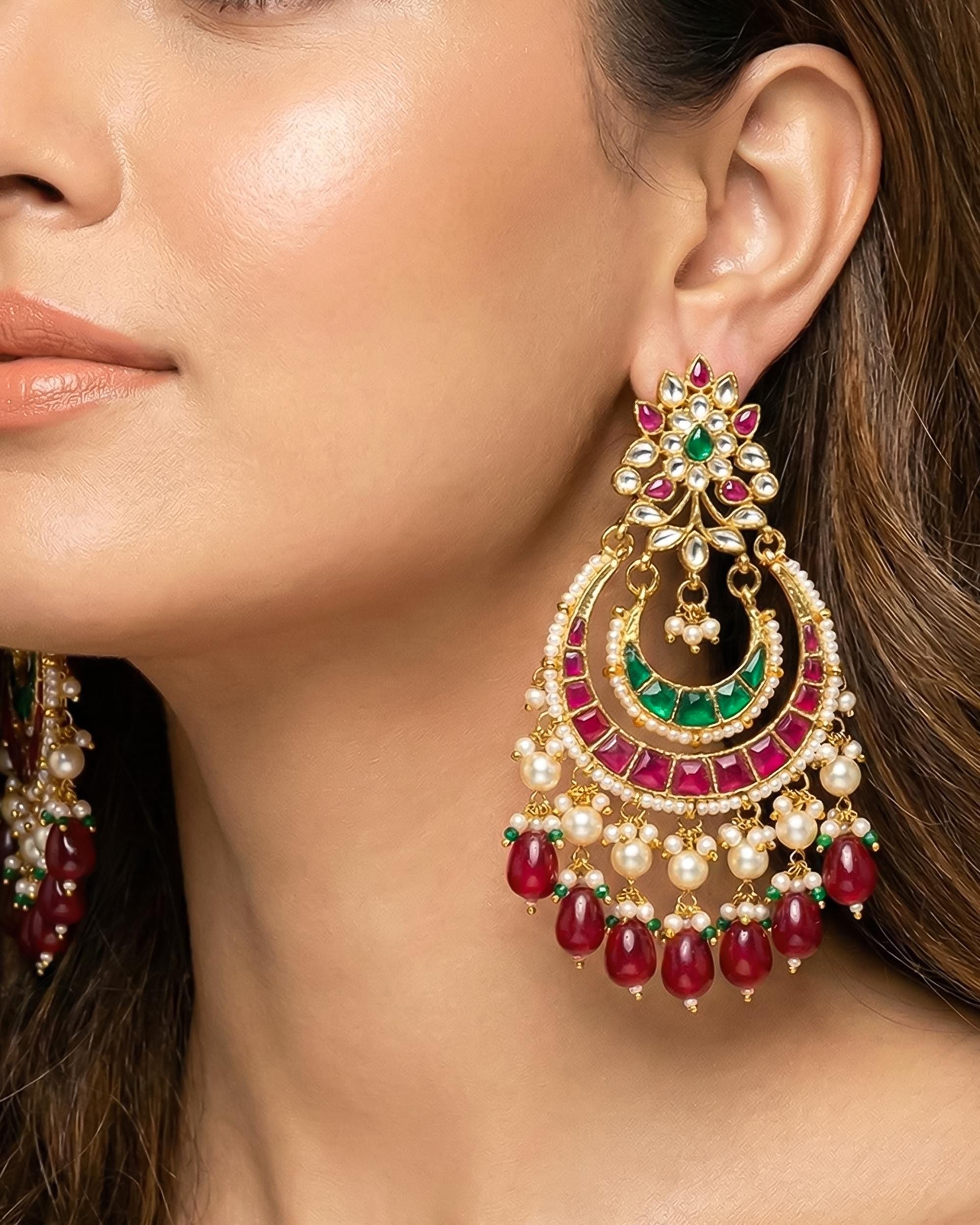 Heritage Kundan Chandbali Earrings with Ruby Emerald Accents  Indian Bridal Saree Jewelry