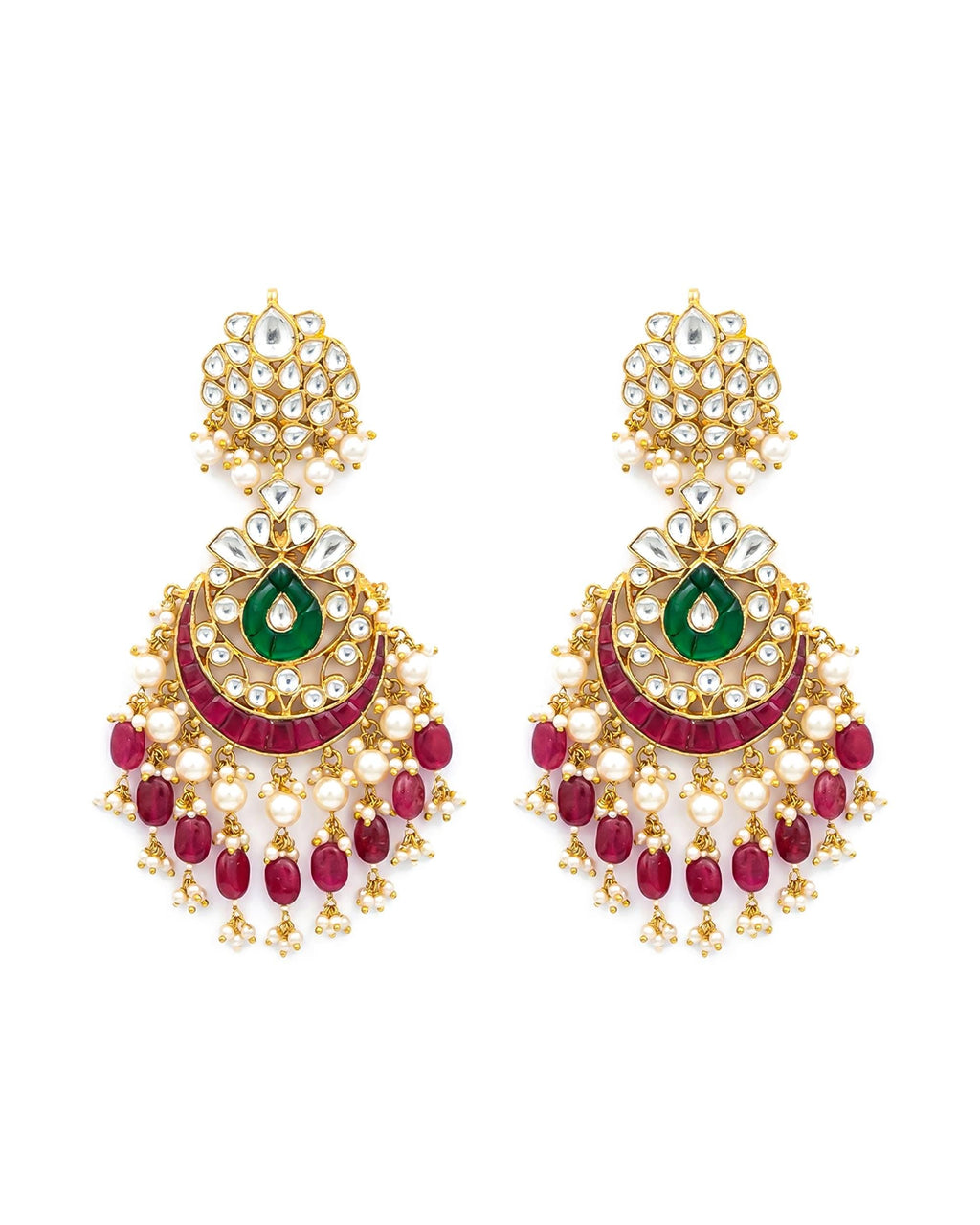 Heritage Pachi Kundan Chandbali Earrings, Emerald Teardrop Ruby Accent Bridal Jewelry