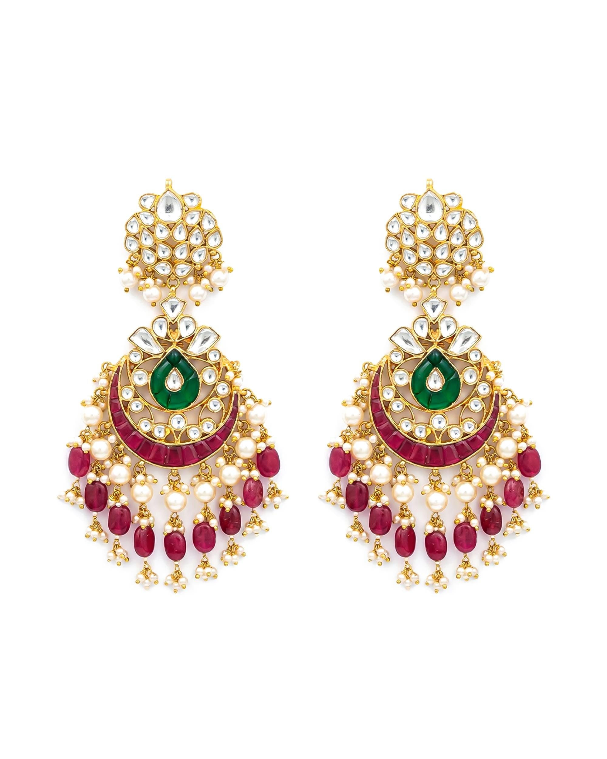 Heritage Pachi Kundan Chandbali Earrings, Emerald Teardrop Ruby Accent Bridal Jewelry
