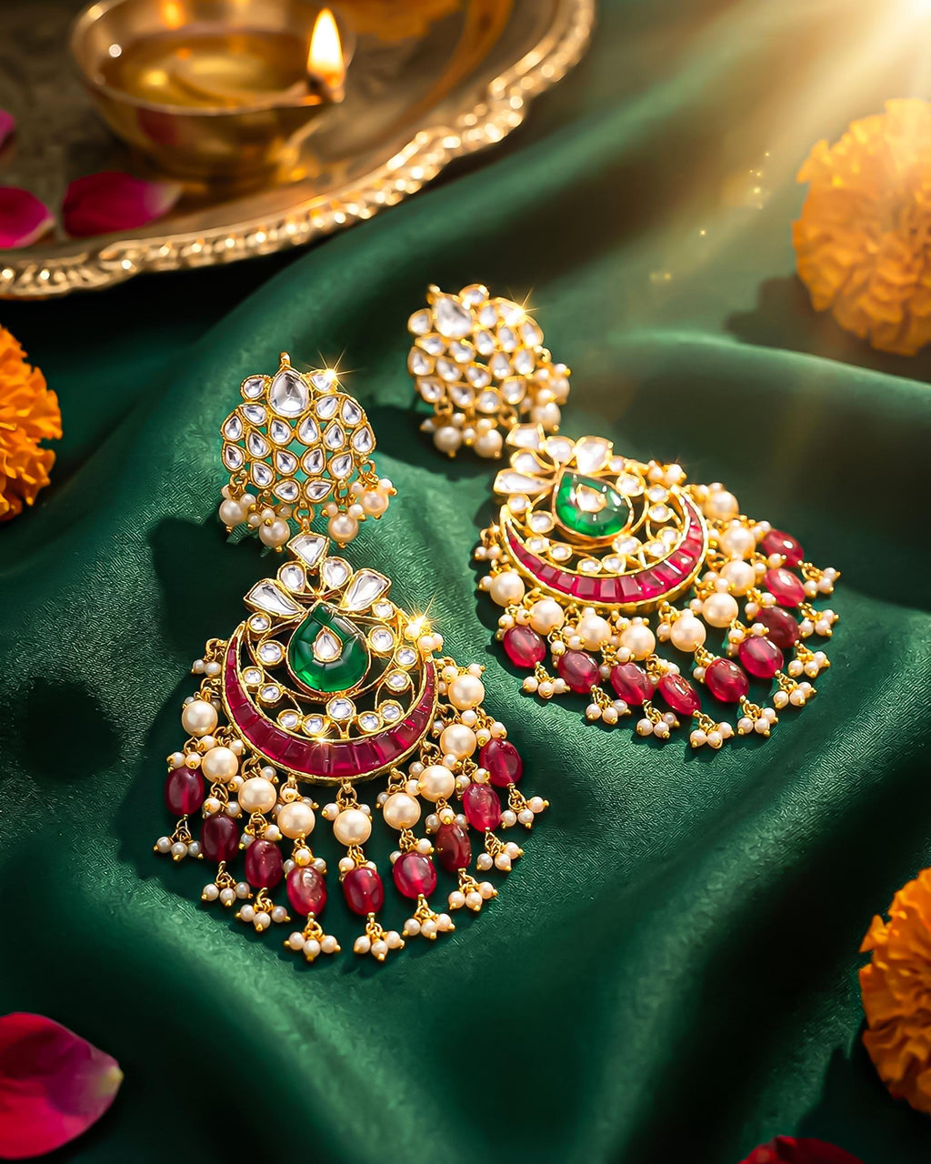 Heritage Pachi Kundan Chandbali Earrings, Emerald Teardrop Ruby Accent Bridal Jewelry
