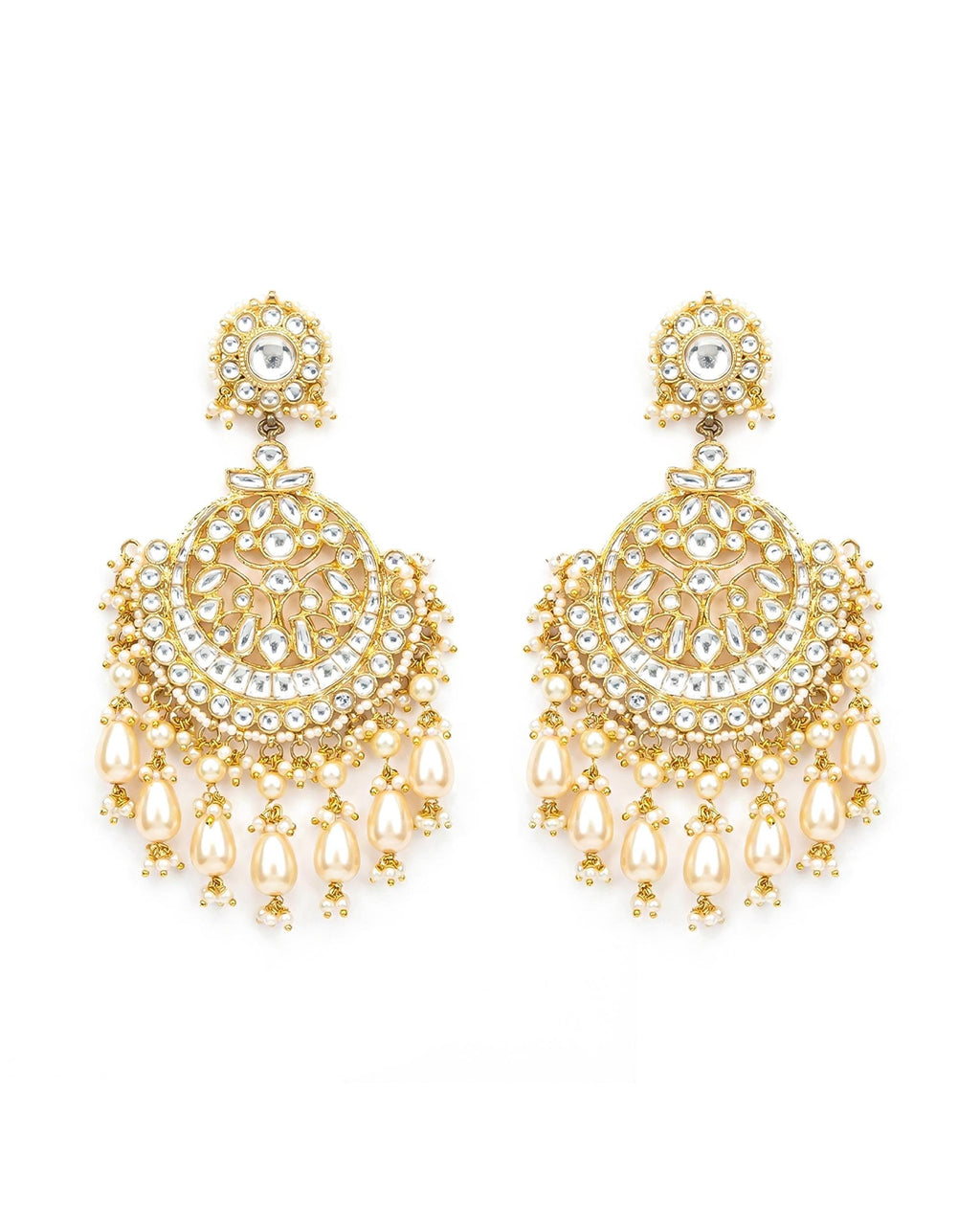 Heritage Chandbali Earrings with Champagne Pearl Teardrops, Pachi Kundan Bridal Jewelry