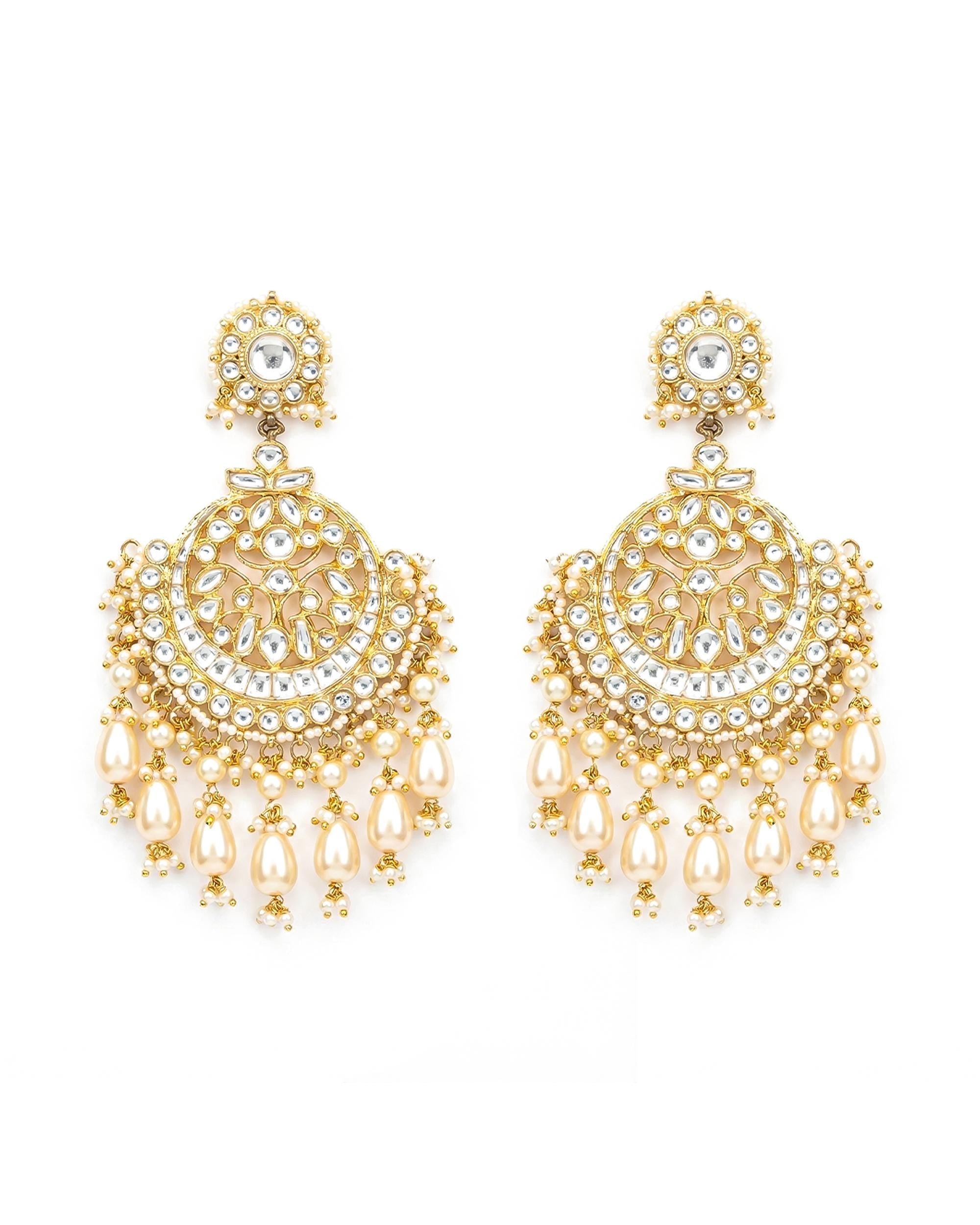 Heritage Chandbali Earrings with Champagne Pearl Teardrops, Pachi Kundan Bridal Jewelry