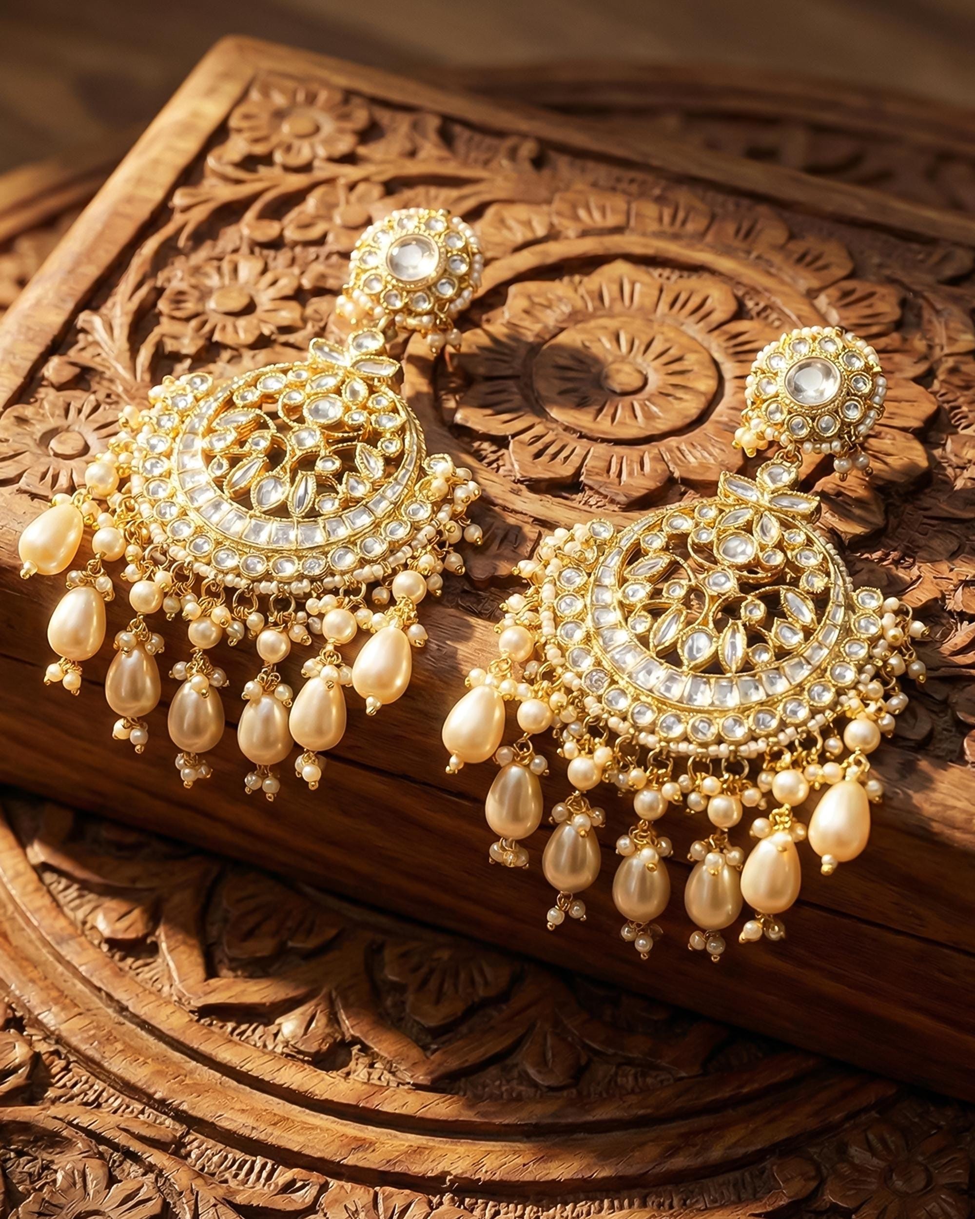 Heritage Chandbali Earrings with Champagne Pearl Teardrops, Pachi Kundan Bridal Jewelry