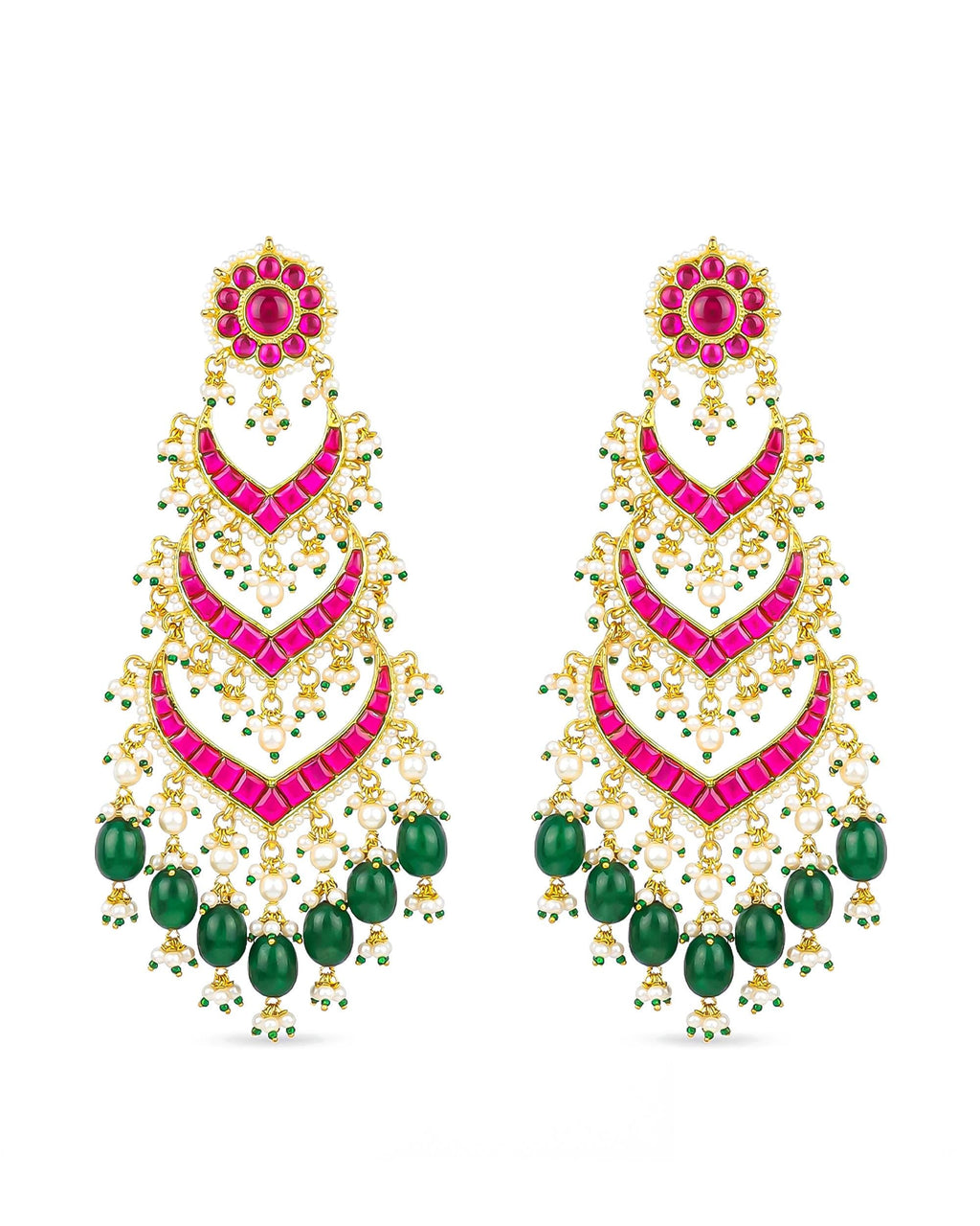 Multi Tier Ruby Pink Emerald Green Statement Chandbali Jhumka Earrings, Indian Wedding Bridal Jewelry