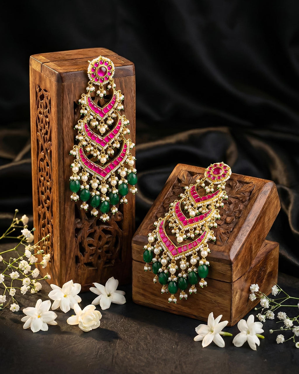 Multi Tier Ruby Pink Emerald Green Statement Chandbali Jhumka Earrings, Indian Wedding Bridal Jewelry