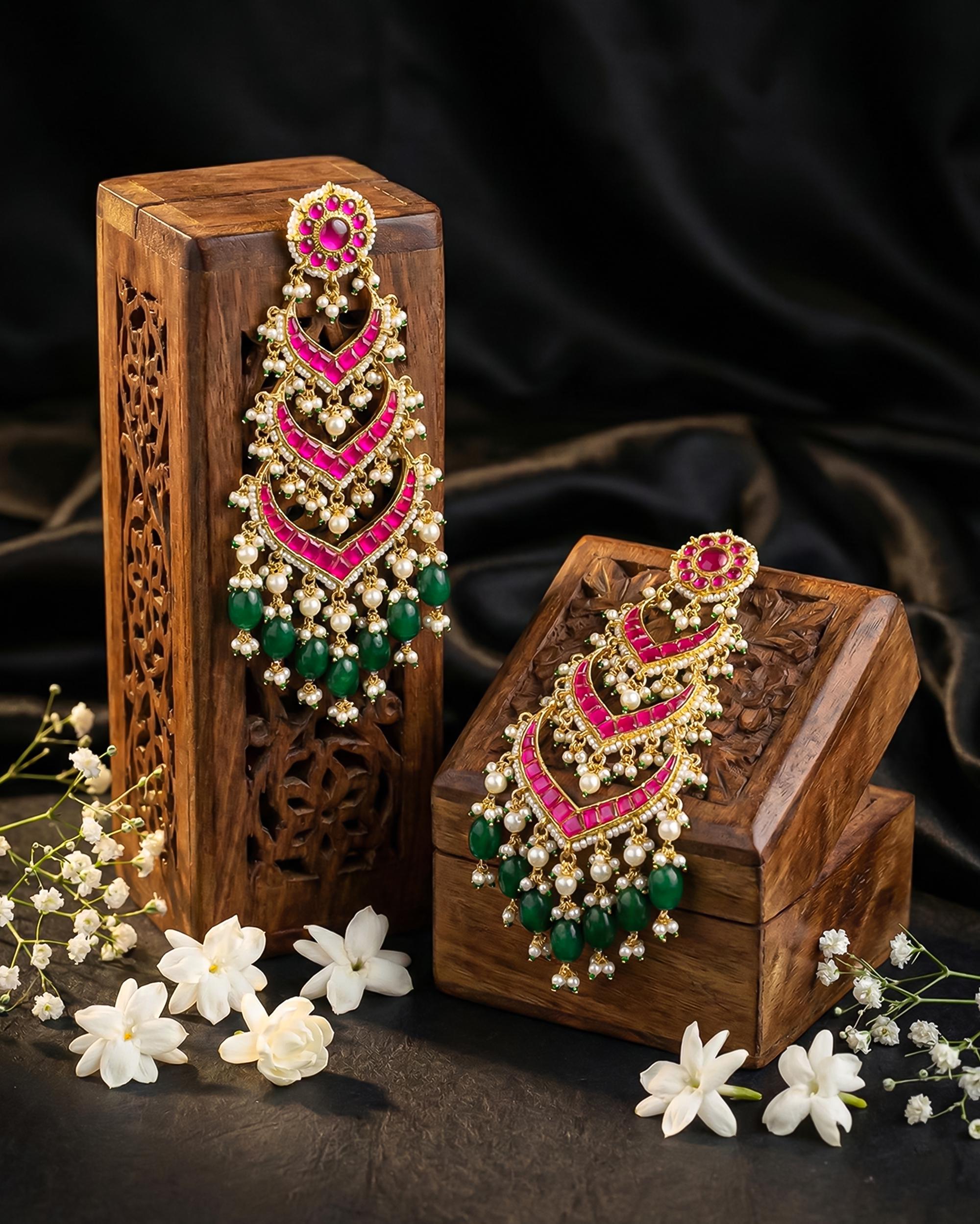 Multi Tier Ruby Pink Emerald Green Statement Chandbali Jhumka Earrings, Indian Wedding Bridal Jewelry