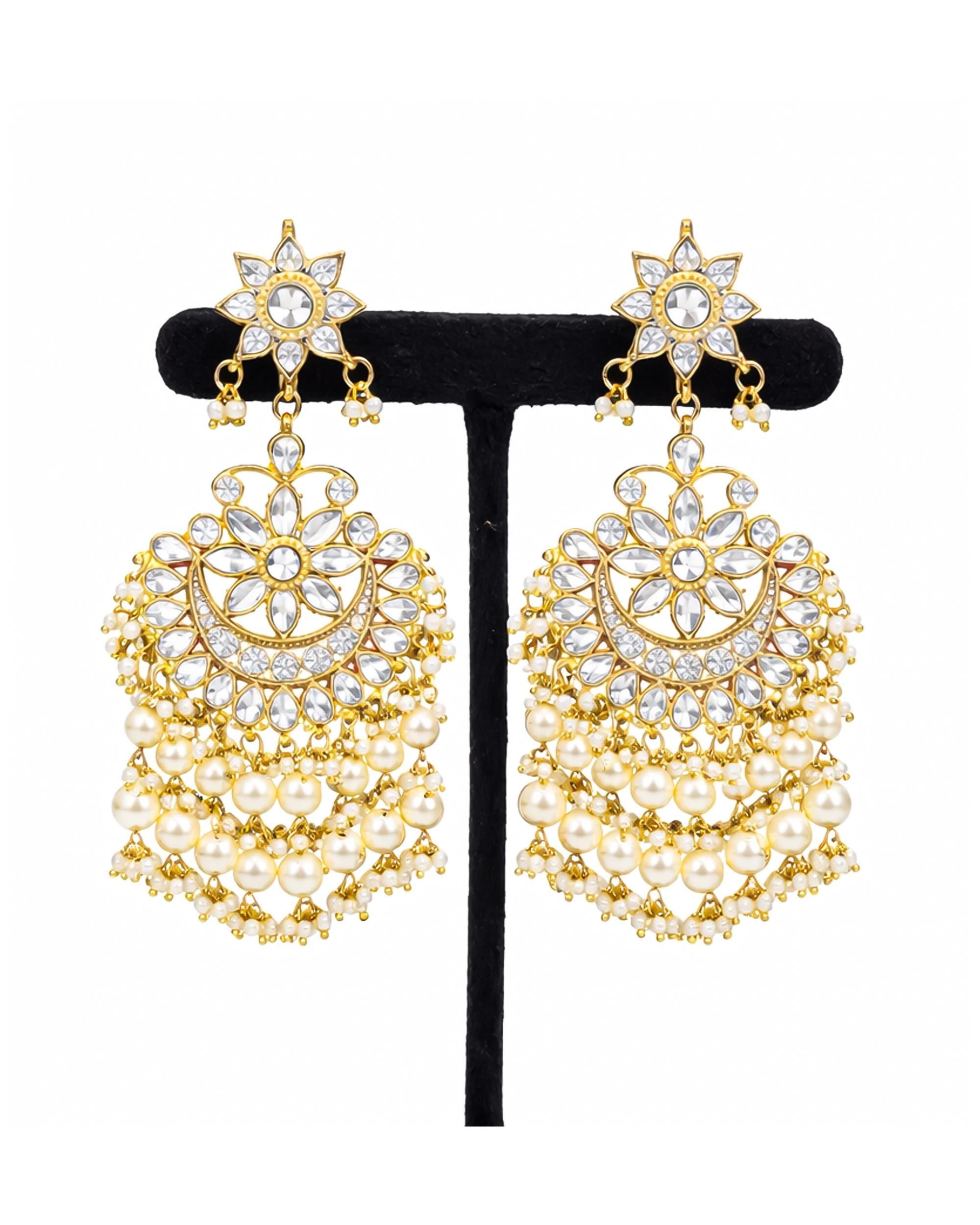 Heritage Pachi Kundan Chandbali Earrings, Ivory Pearl Drop Bridal Jewelry