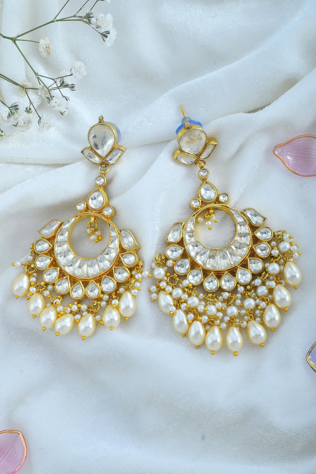 Heritage Pachi Kundan Chandbali Earrings, Ivory Pearl Drop Bridal Jewelry