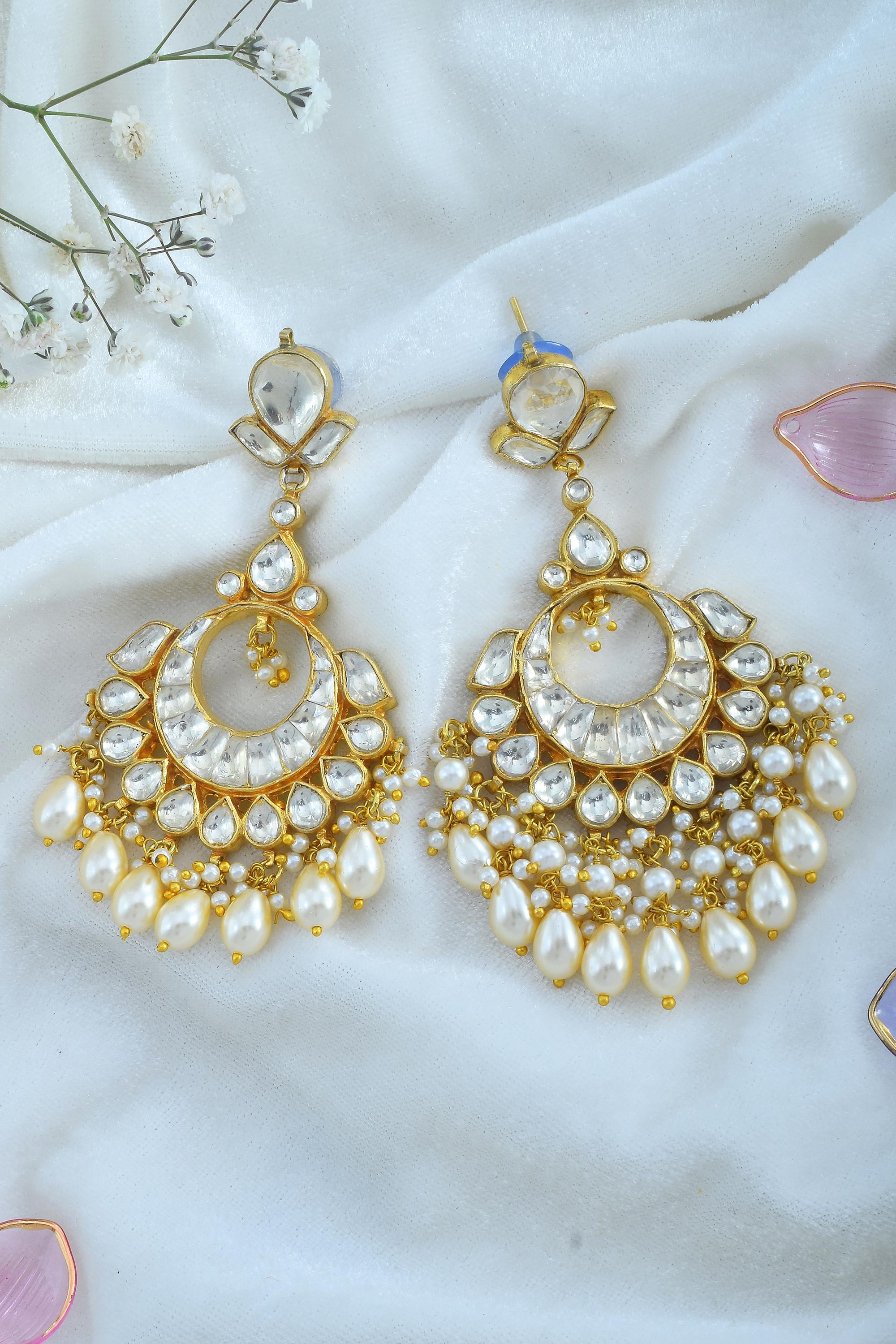 Heritage Pachi Kundan Chandbali Earrings, Ivory Pearl Drop Bridal Jewelry