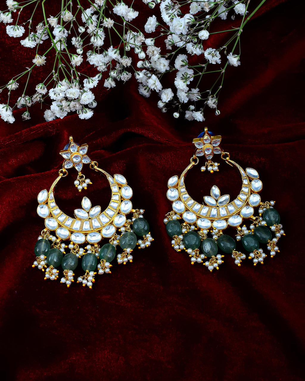 Heritage Pachi Kundan Chandbali Earrings with Mint Emerald Beads, Pearl Clusters