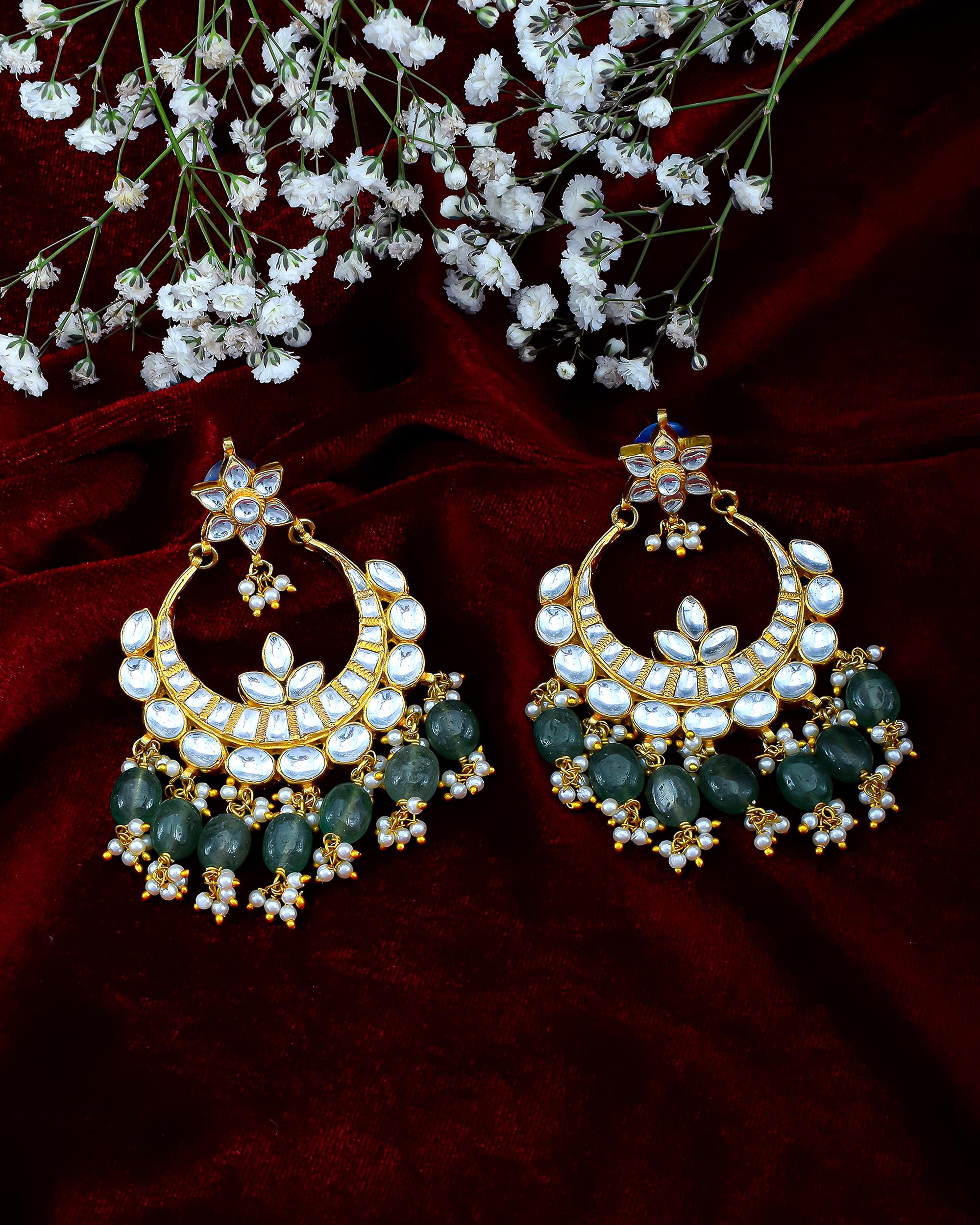 Heritage Pachi Kundan Chandbali Earrings with Mint Emerald Beads, Pearl Clusters