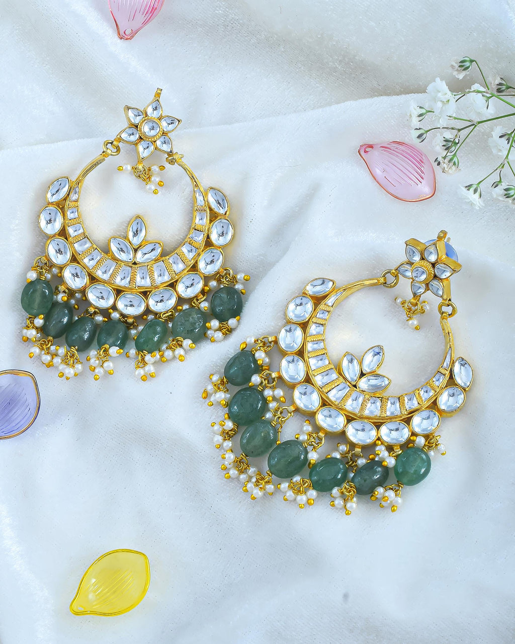 Heritage Pachi Kundan Chandbali Earrings with Mint Emerald Beads, Pearl Clusters