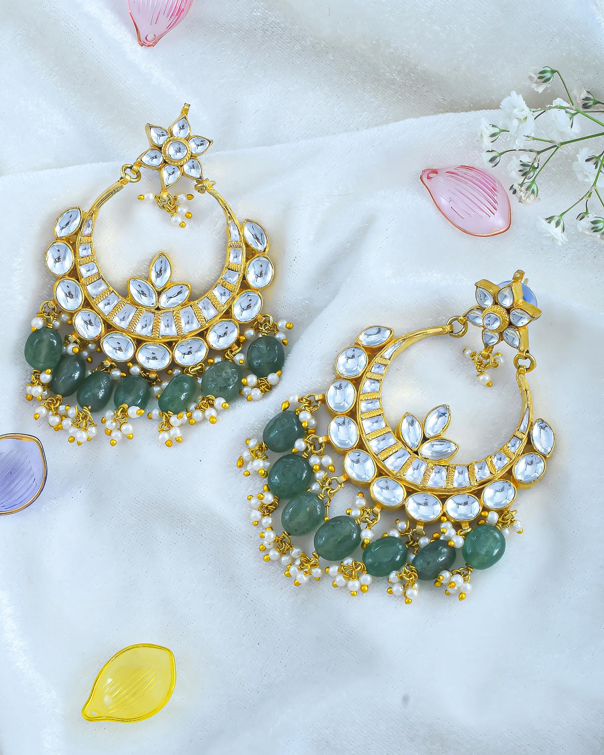 Heritage Pachi Kundan Chandbali Earrings with Mint Emerald Beads, Pearl Clusters