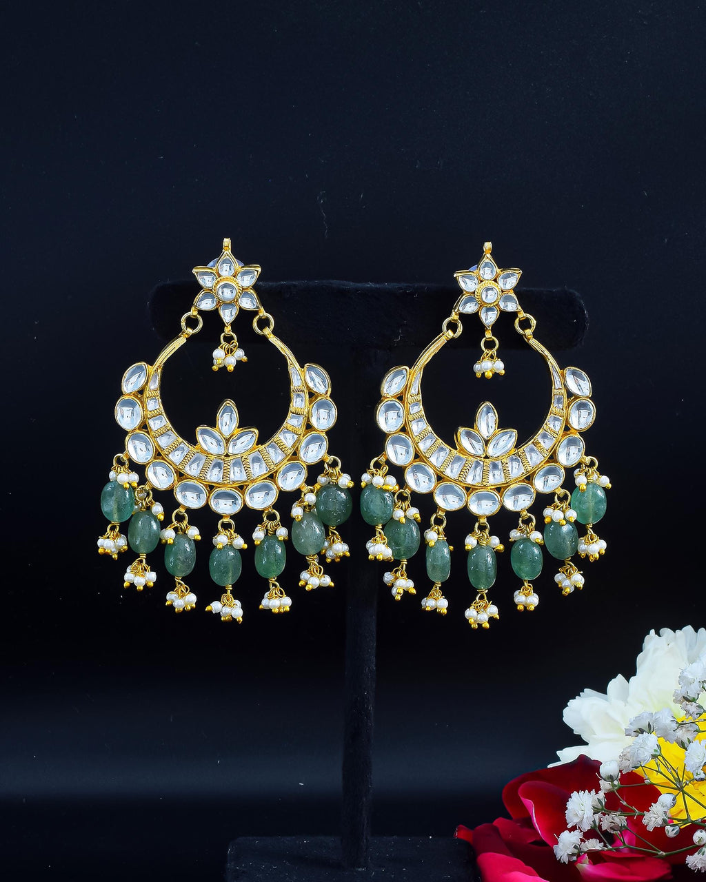 Heritage Pachi Kundan Chandbali Earrings with Mint Emerald Beads, Pearl Clusters
