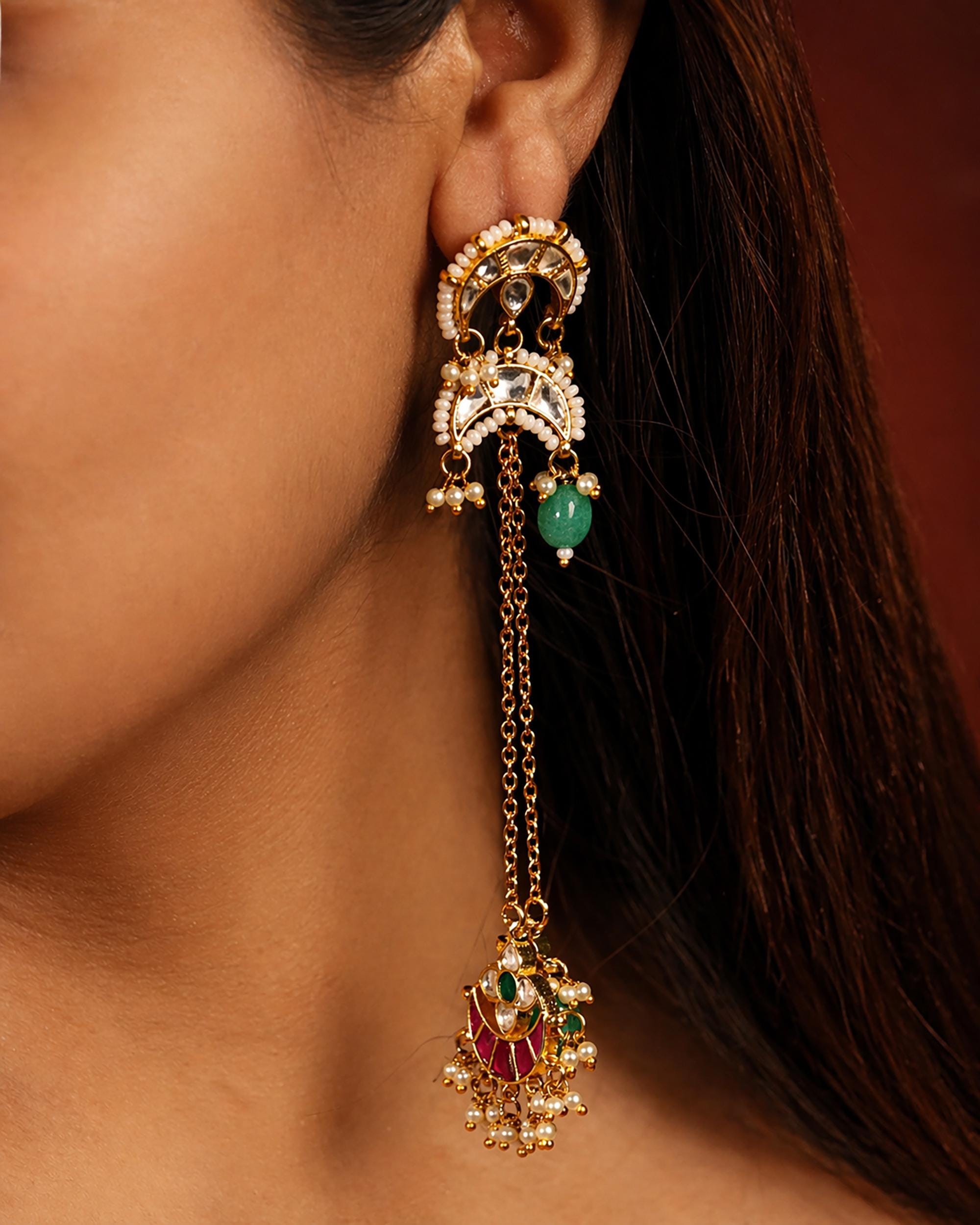 Heritage Kundan Meenakari Crescent Chain Earrings, Bridal Wedding Jewelry