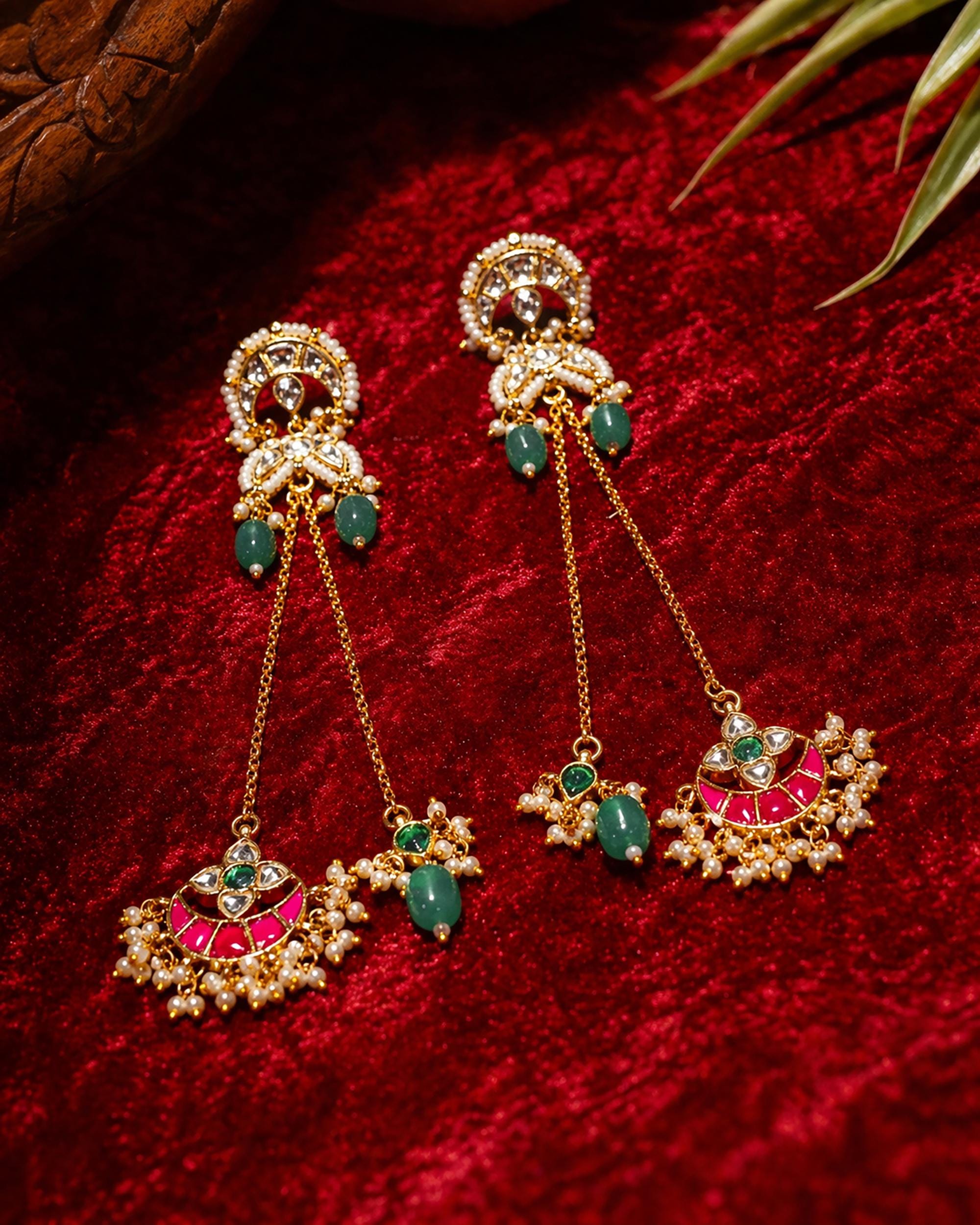 Heritage Kundan Meenakari Crescent Chain Earrings, Bridal Wedding Jewelry