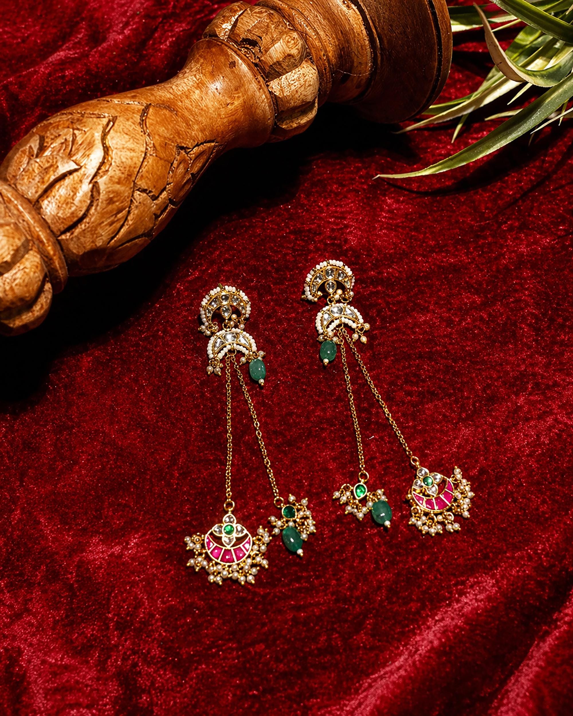 Heritage Kundan Meenakari Crescent Chain Earrings, Bridal Wedding Jewelry