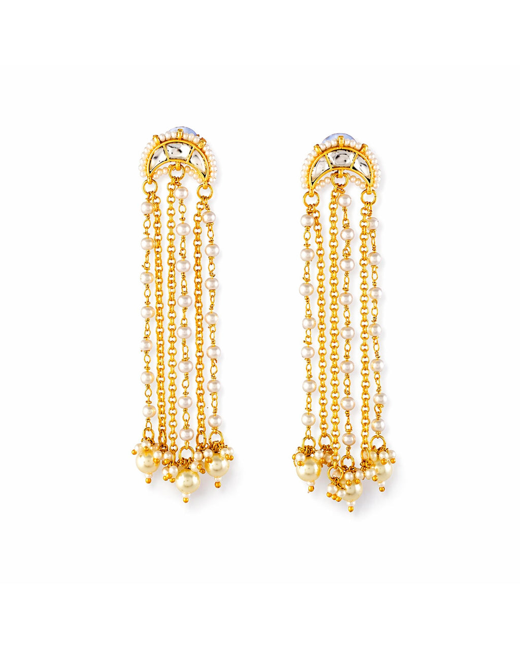 Multi Layer Pearl Chain Chand Earrings, Pachi Kundan Bridal Statement Jewellery