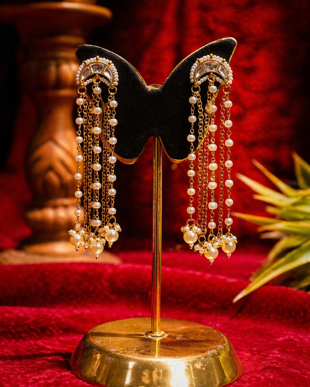 Multi Layer Pearl Chain Chand Earrings, Pachi Kundan Bridal Statement Jewellery