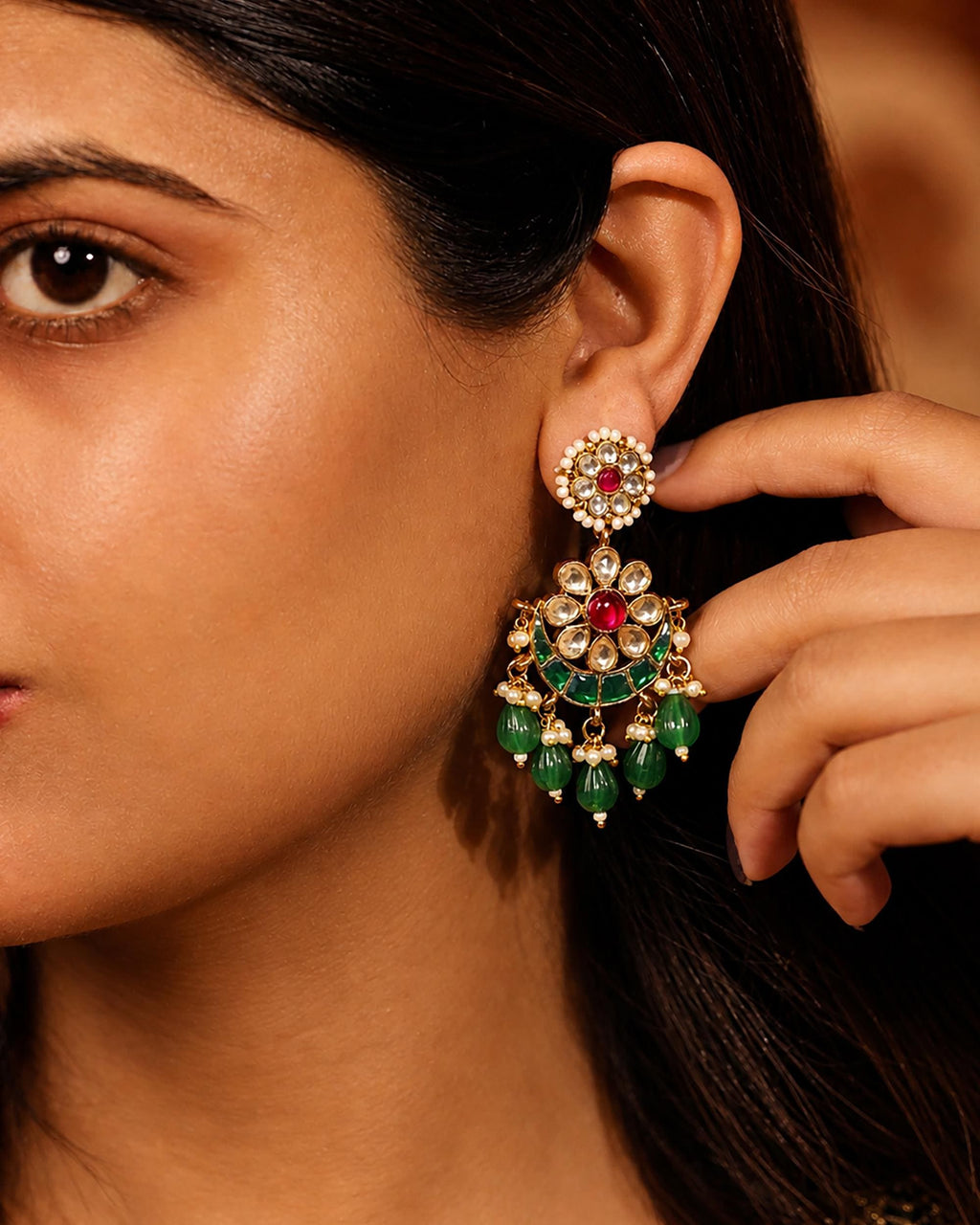 Pachi Kundan Chandbali Earrings, Emerald Lotus Bridal Jewelry, Indian Wedding Festive